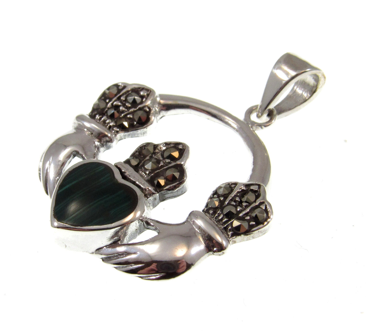 Solid 925 Sterling Silver Celtic Irish CLADDAGH Pendant With Marcasite and Malachite Gemstones