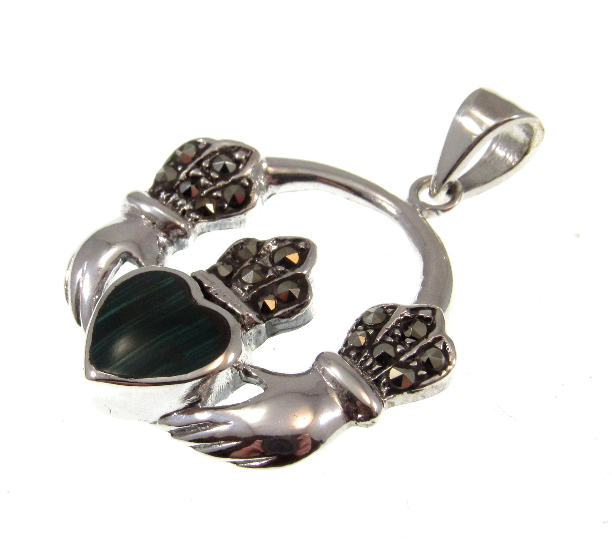 Solid 925 Sterling Silver Celtic Irish CLADDAGH Pendant With Marcasite and Malachite Gemstones