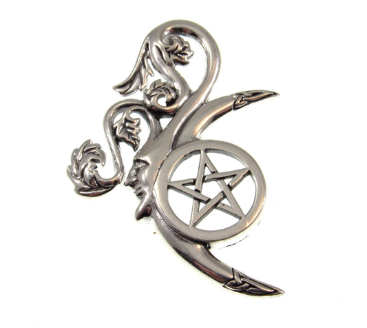 Solid 925 Sterling Silver Green Man Celtic Moon Pentacle Pendant, Symbol of Rebirth Pagan Amulet