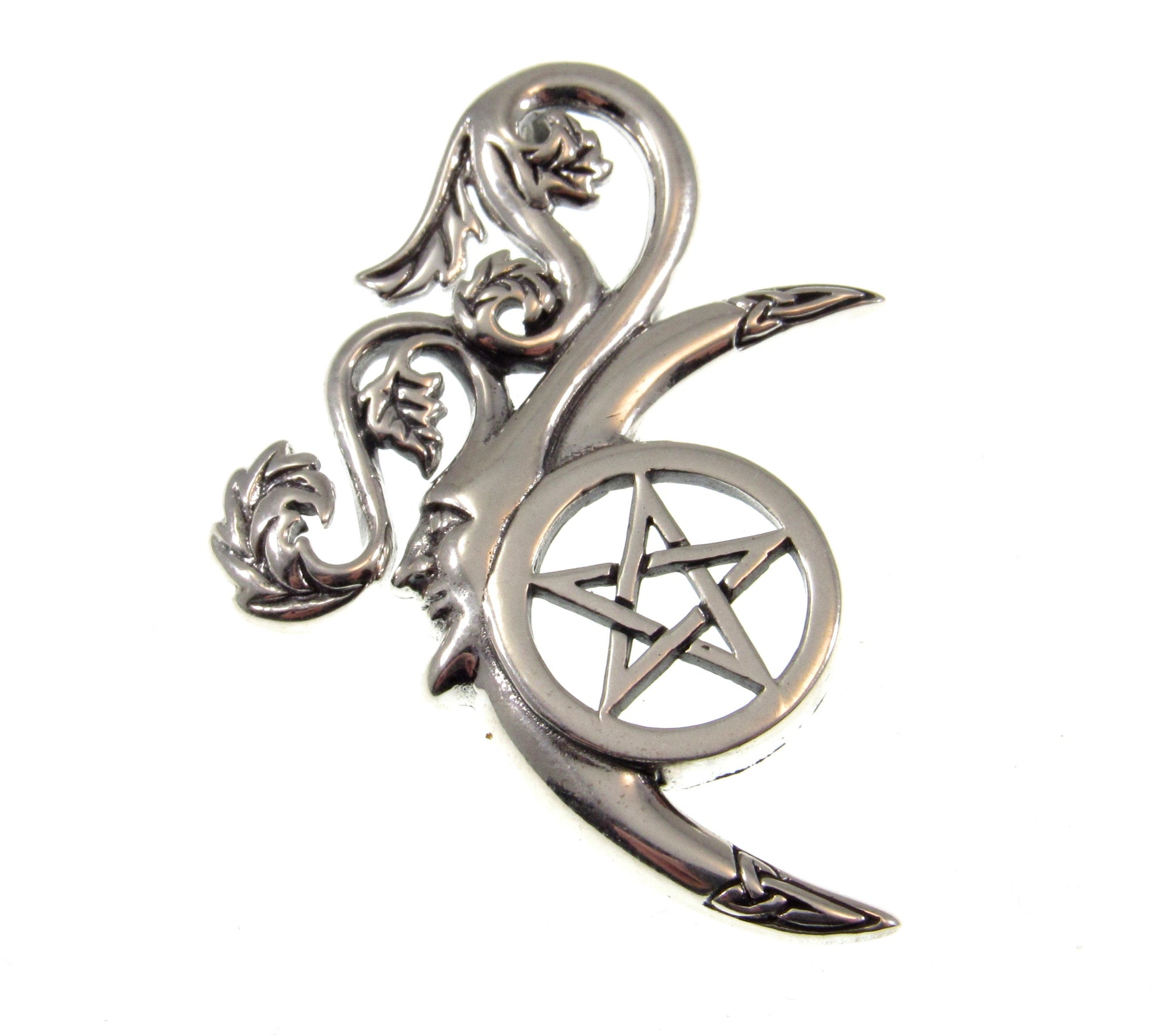 Solid 925 Sterling Silver Green Man Celtic Moon Pentacle Pendant, Symbol of Rebirth Pagan Amulet