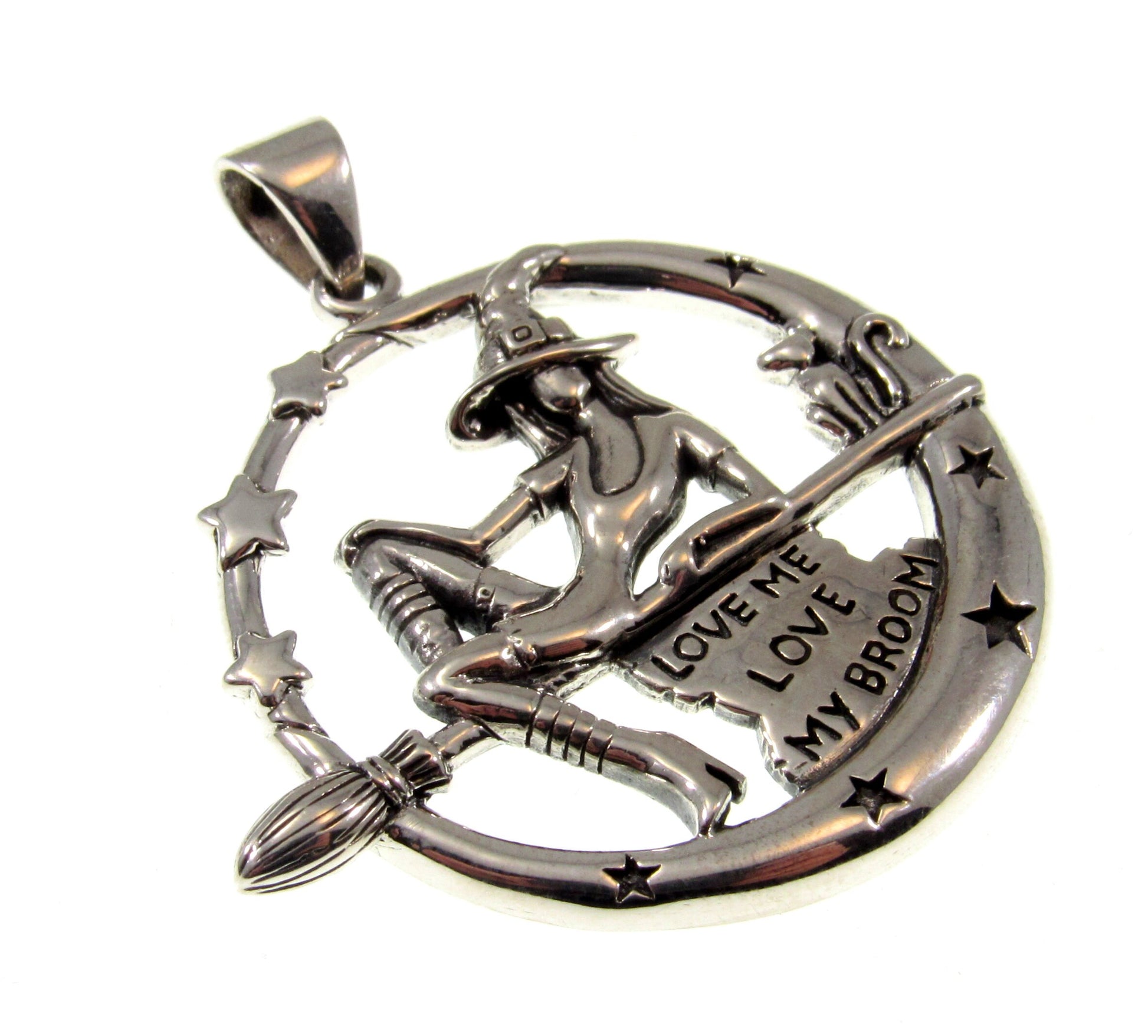 Solid 925 Sterling Silver Salem Witch Love me Love my Broom Pendant with Black Cat, Magic Witchcraft Amulet