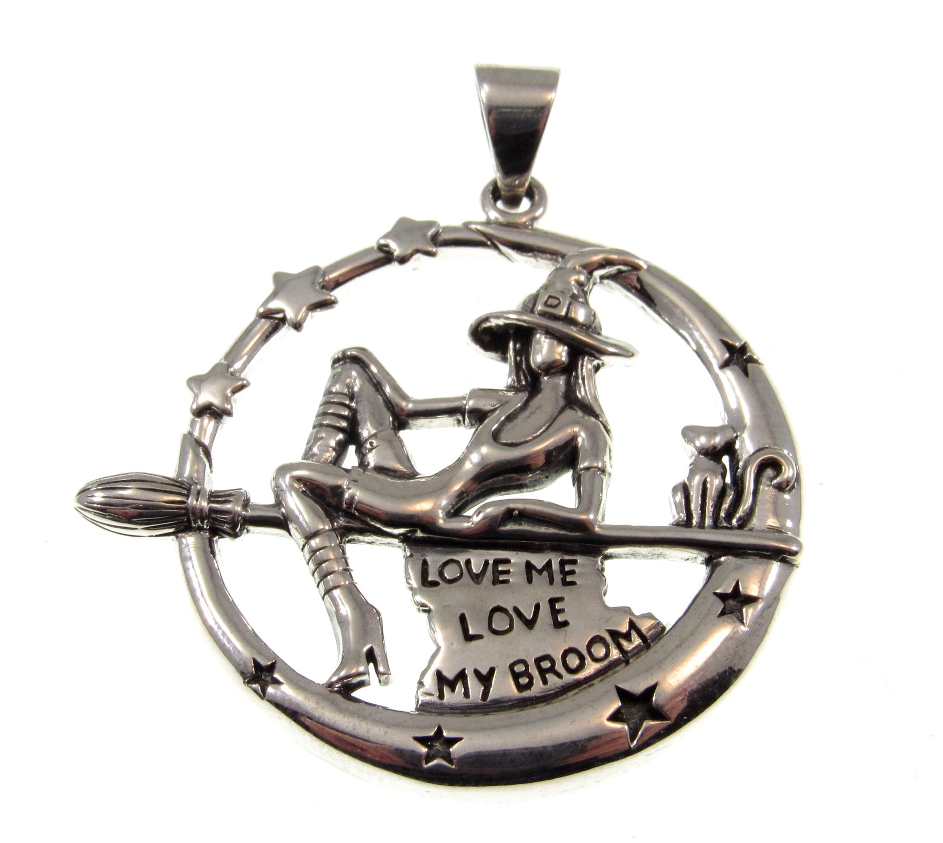 Solid 925 Sterling Silver Salem Witch Love me Love my Broom Pendant with Black Cat, Magic Witchcraft Amulet