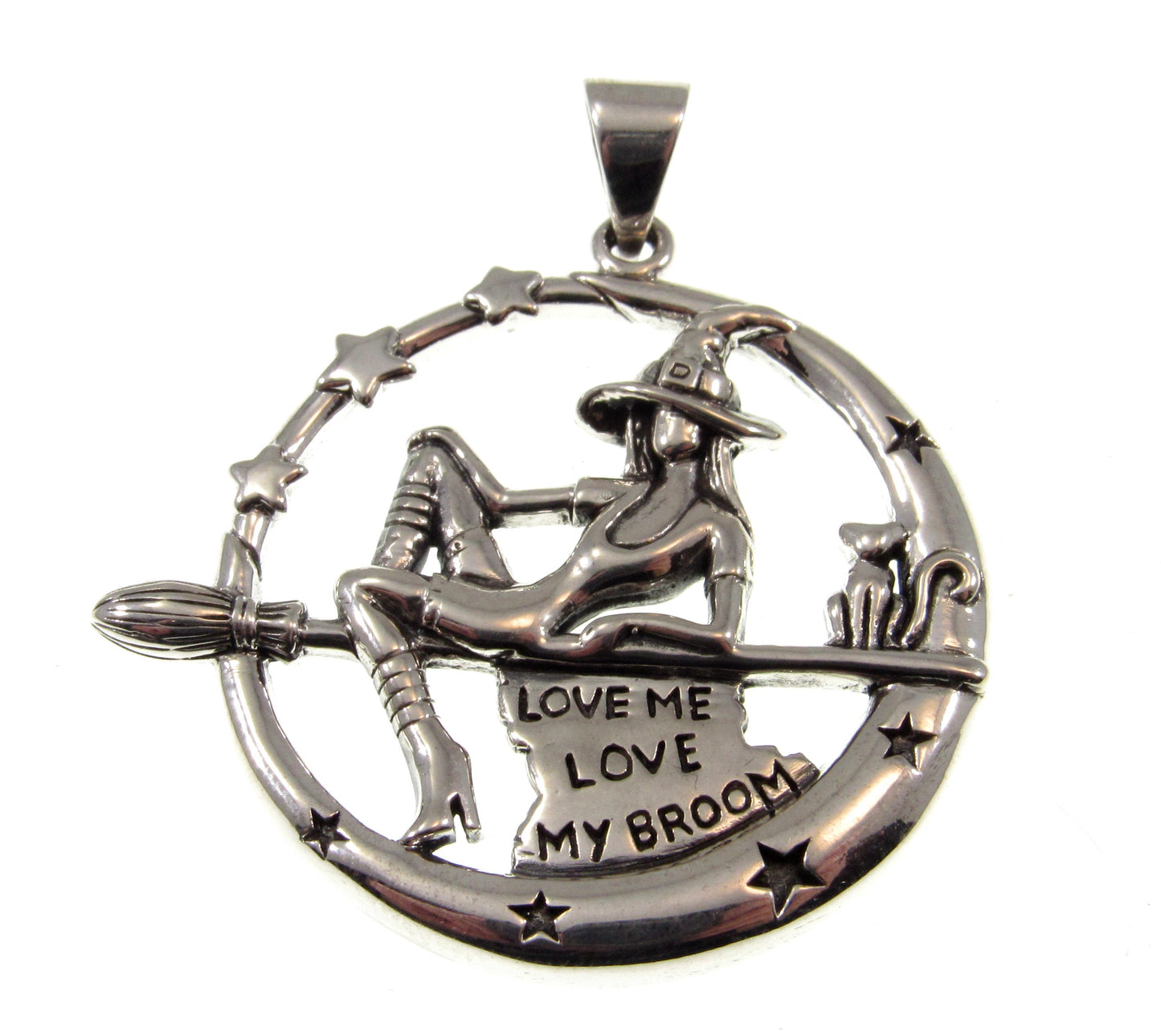 Solid 925 Sterling Silver Salem Witch Love me Love my Broom Pendant with Black Cat, Magic Witchcraft Amulet