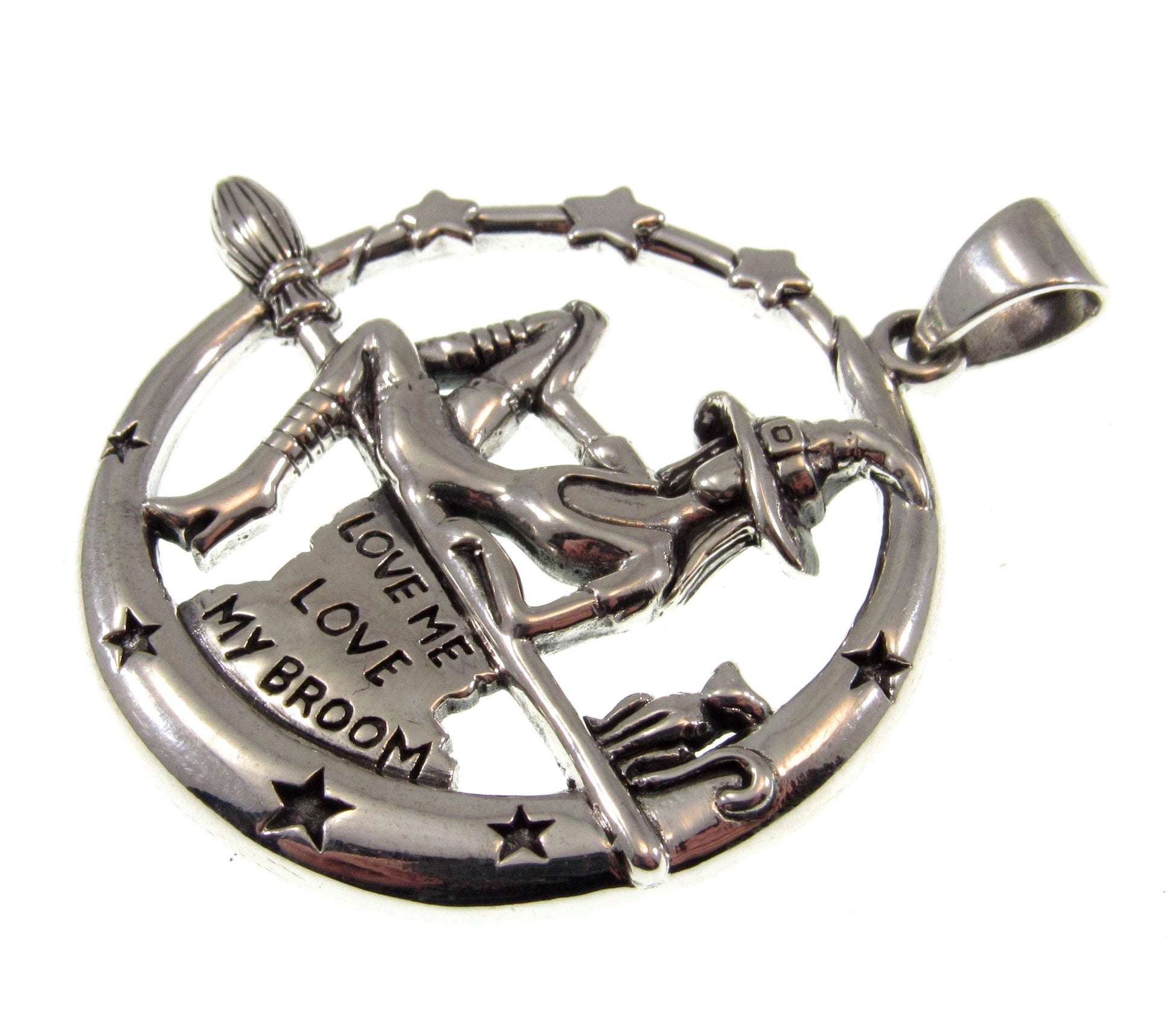 Solid 925 Sterling Silver Salem Witch Love me Love my Broom Pendant with Black Cat, Magic Witchcraft Amulet