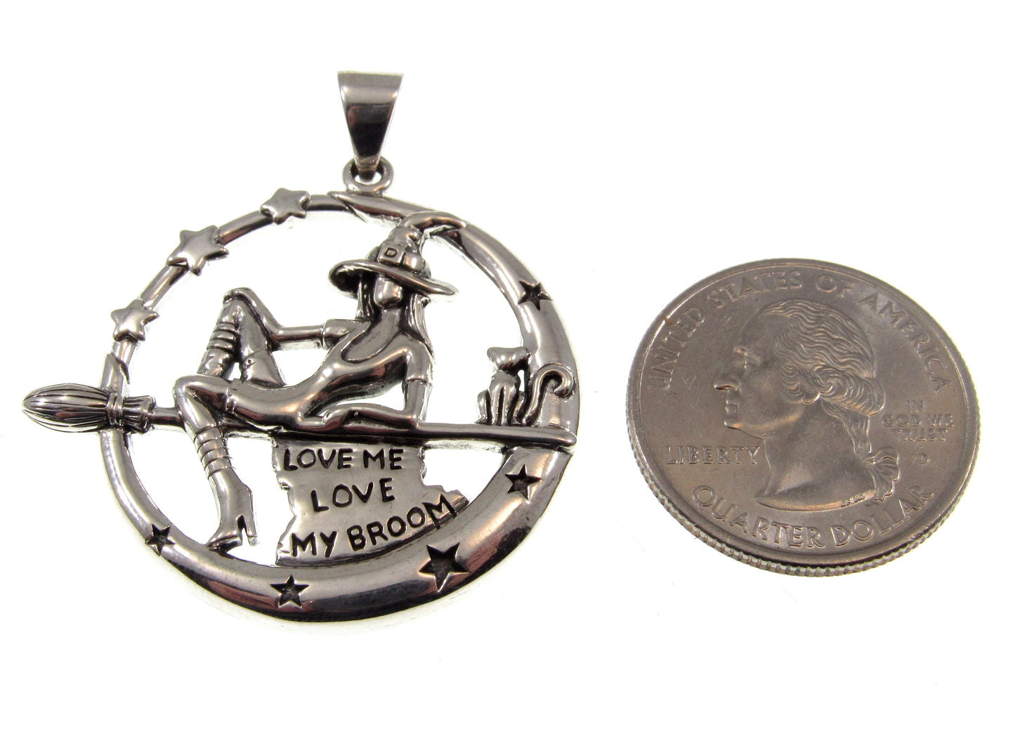 925 Sterling Silver Salem Witch on Broom with Black Cat Pendant – "Love Me Love My Broom"