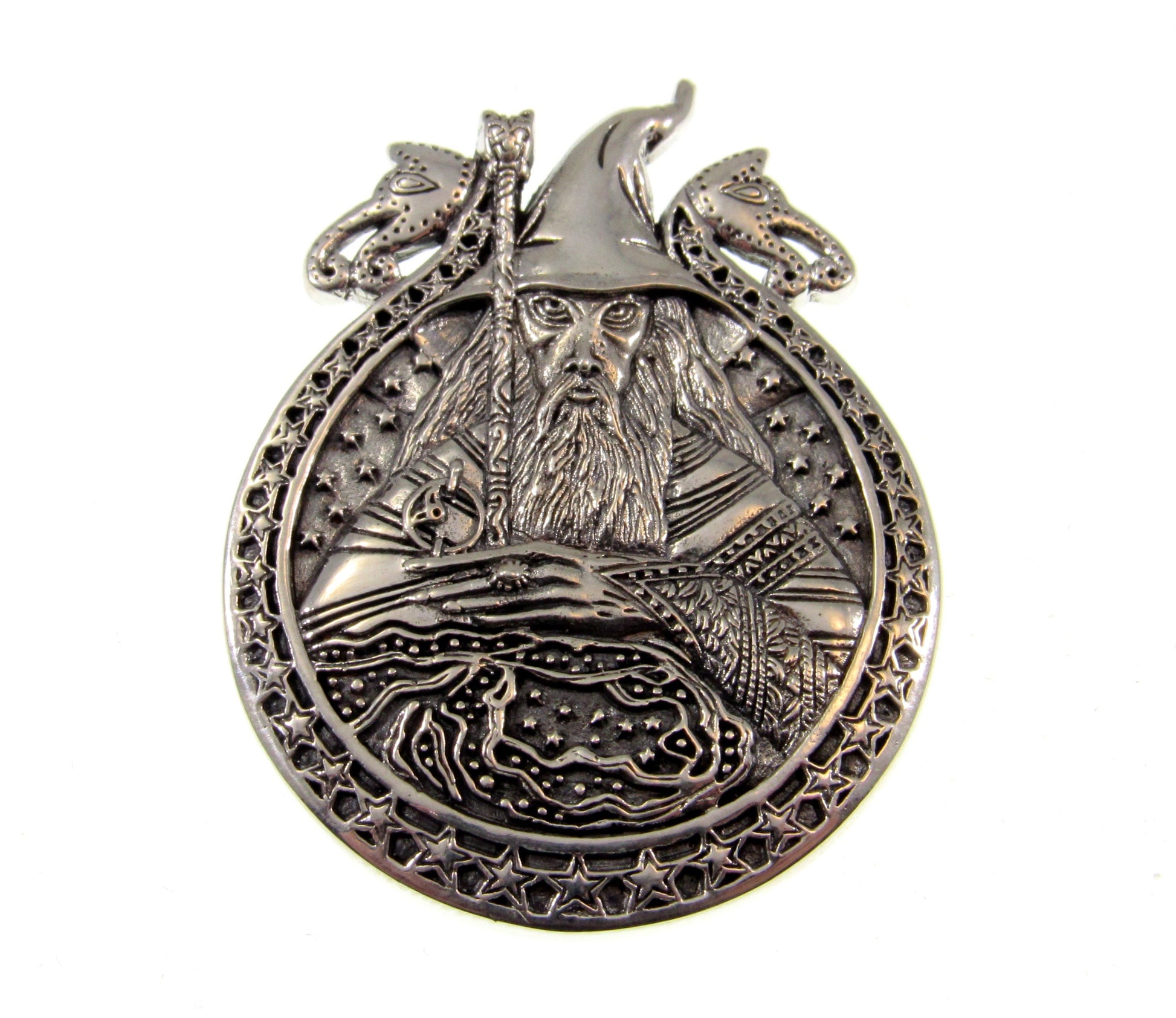 Solid 925 Sterling Silver Magical World of Wizardry Pendant, Warlock Amulet, Immortal Sorcerer, Powerful Necromancer, Intelligent Mage