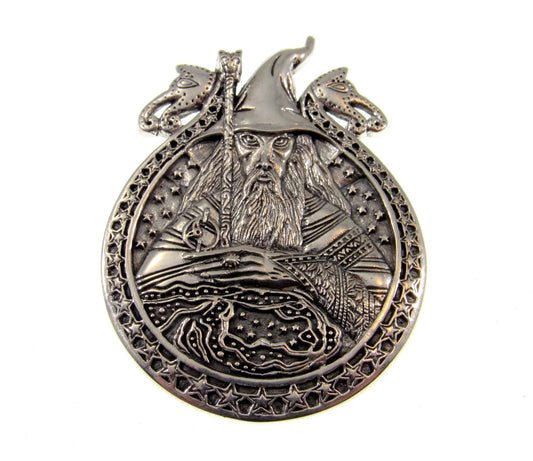 Solid 925 Sterling Silver Magical World of Wizardry Pendant, Warlock Amulet, Immortal Sorcerer, Powerful Necromancer, Intelligent Mage