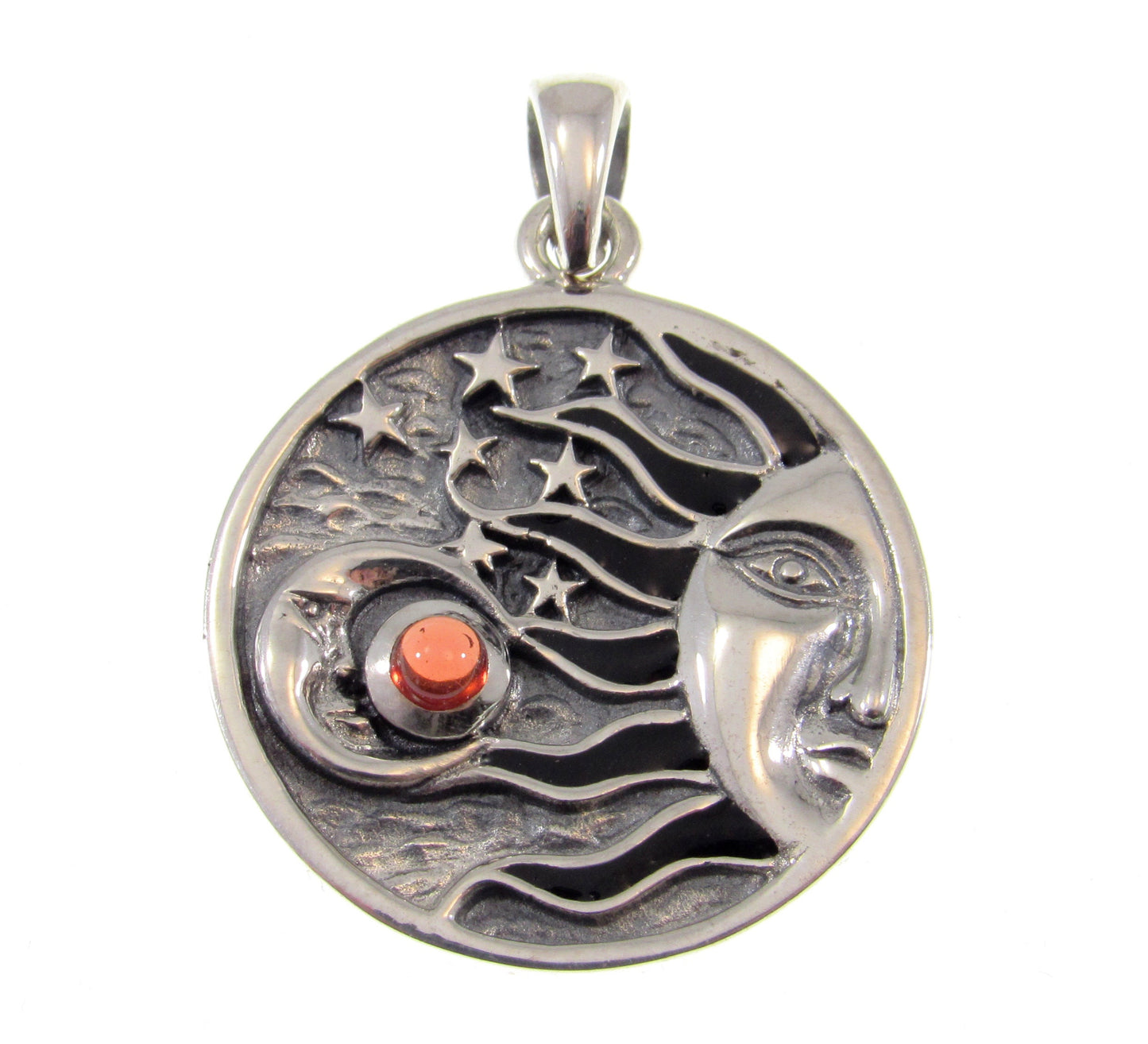 Solid 925 Sterling Silver Sun, Crescent Moon, & 7 Stars Pendant With Genuine Gemstone, Choose Amethyst, Garnet, Moonstone, Blue Topaz
