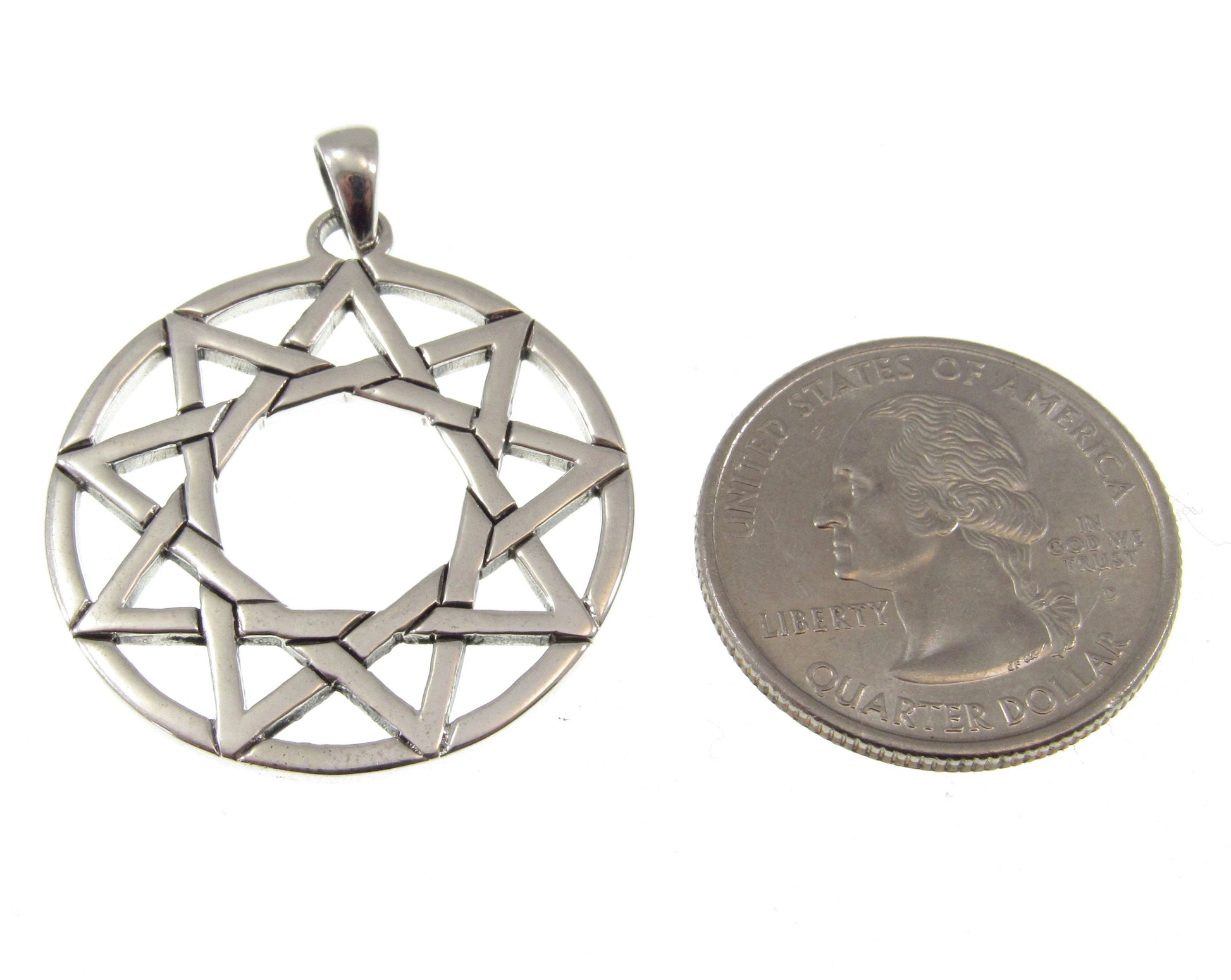 Solid 925 Sterling Silver Enneagram Ninefold Star Pendant, 9 Pointed Religious Pagan Star