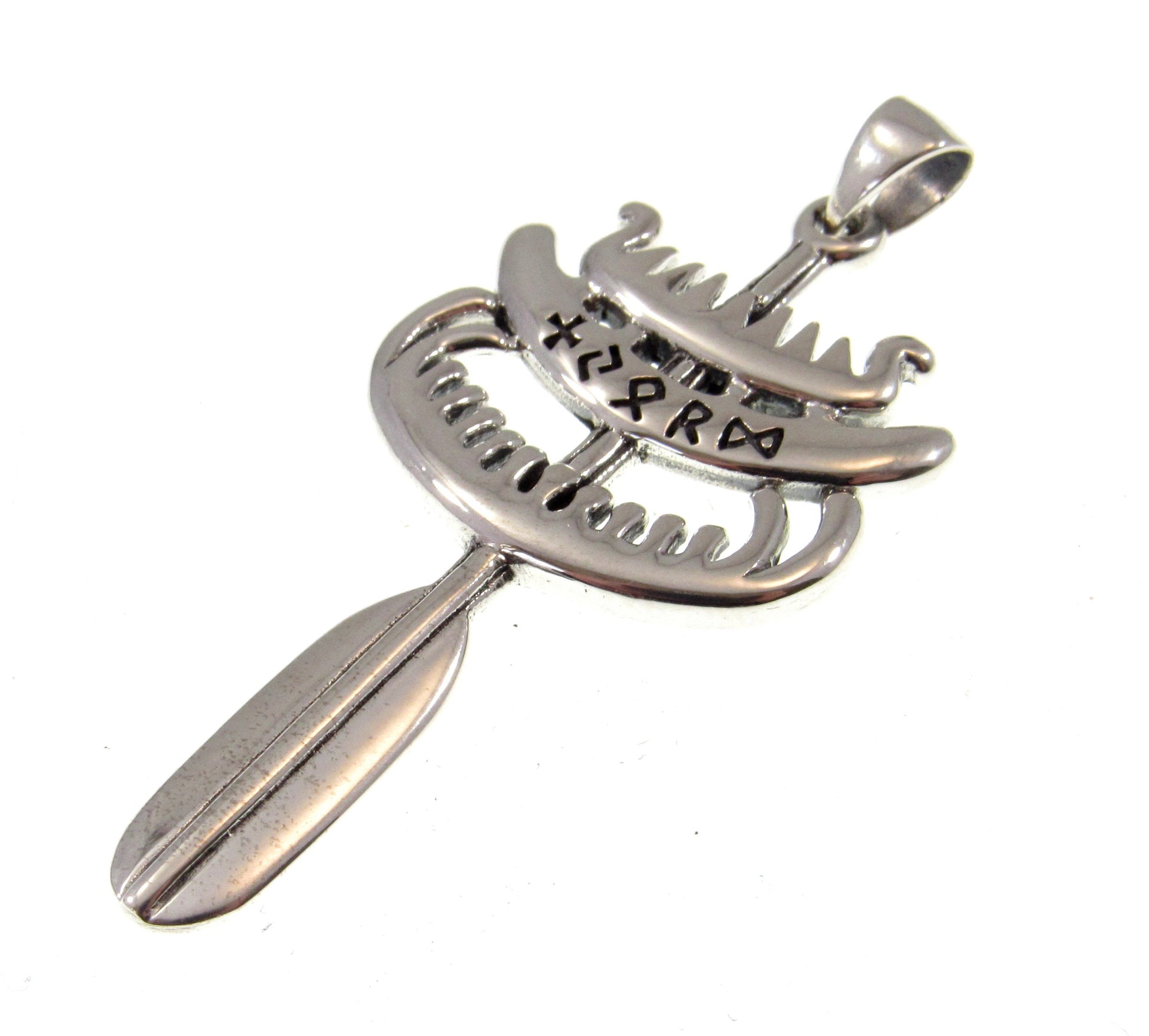 Solid 925 Sterling Silver Njord Viking God of Seafaring Pendant, Longship Vessel & Oar with Runes