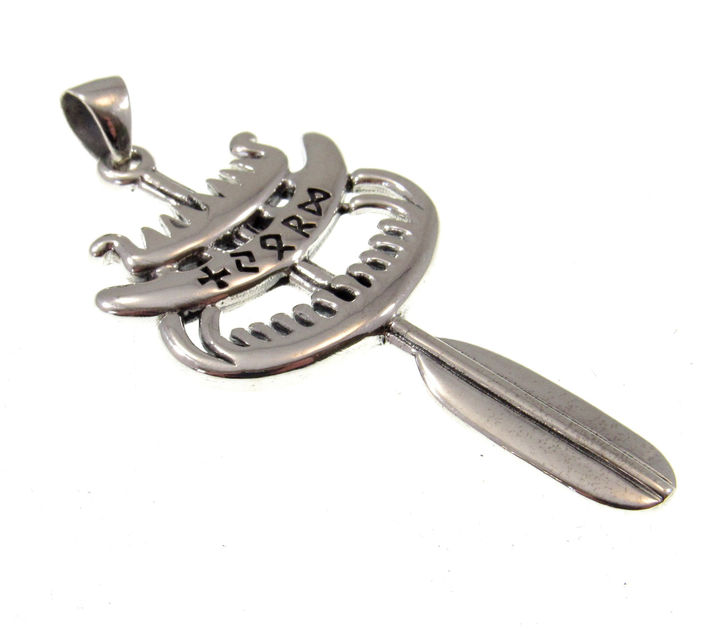 Solid 925 Sterling Silver Njord Viking God of Seafaring Pendant, Longship Vessel & Oar with Runes