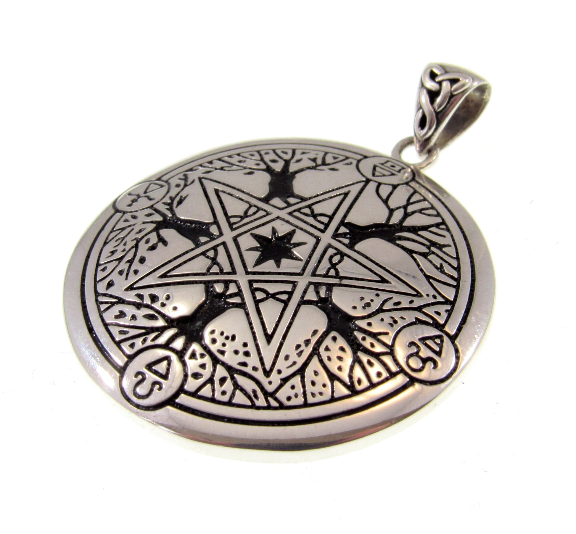 Solid 925 Sterling Silver Eternal Seasons Pentacle Pendant, Four Elements & 4 Seasons Tree of Life Pentagram, Pagan Amulet