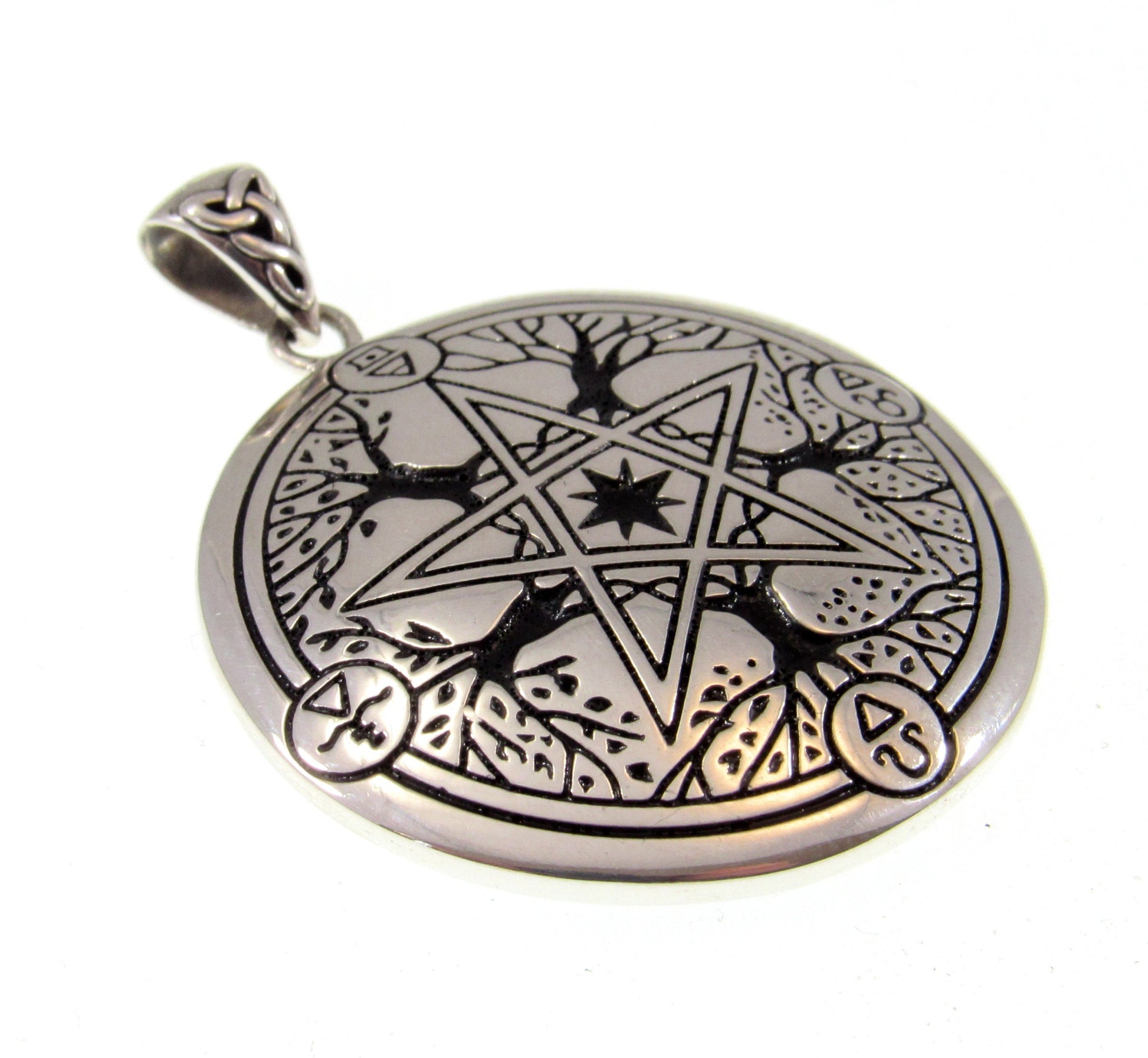 Solid 925 Sterling Silver Eternal Seasons Pentacle Pendant, Four Elements & 4 Seasons Tree of Life Pentagram, Pagan Amulet