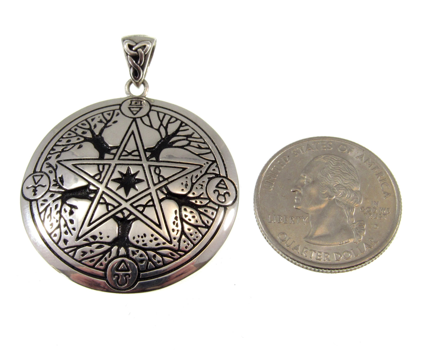 Solid 925 Sterling Silver Eternal Seasons Pentacle Pendant, Four Elements & 4 Seasons Tree of Life Pentagram, Pagan Amulet