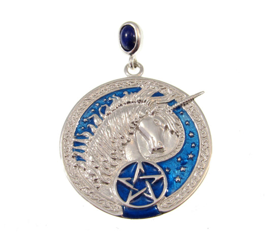 Solid 925 Sterling Silver Celtic Unicorn Pendant, Pagan Pentagram Amulet, Blue Enamel Accents w/ Sapphire Gemstone, Magick Pentacle