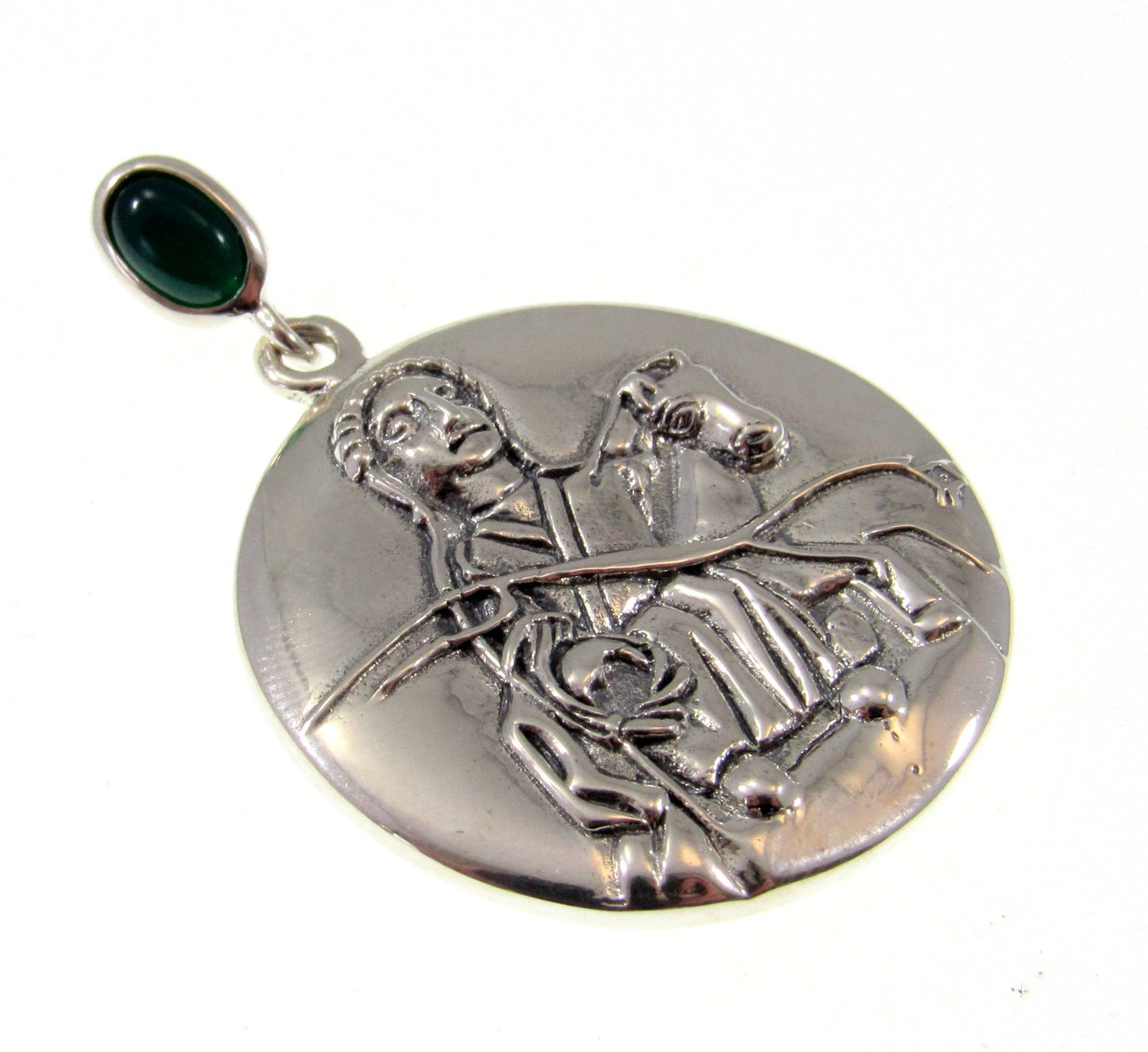 Solid 925 Sterling Silver Epona The Celtic Horse Goddess Pendant, Rhiannon Amulet with Emerald Glass Bale