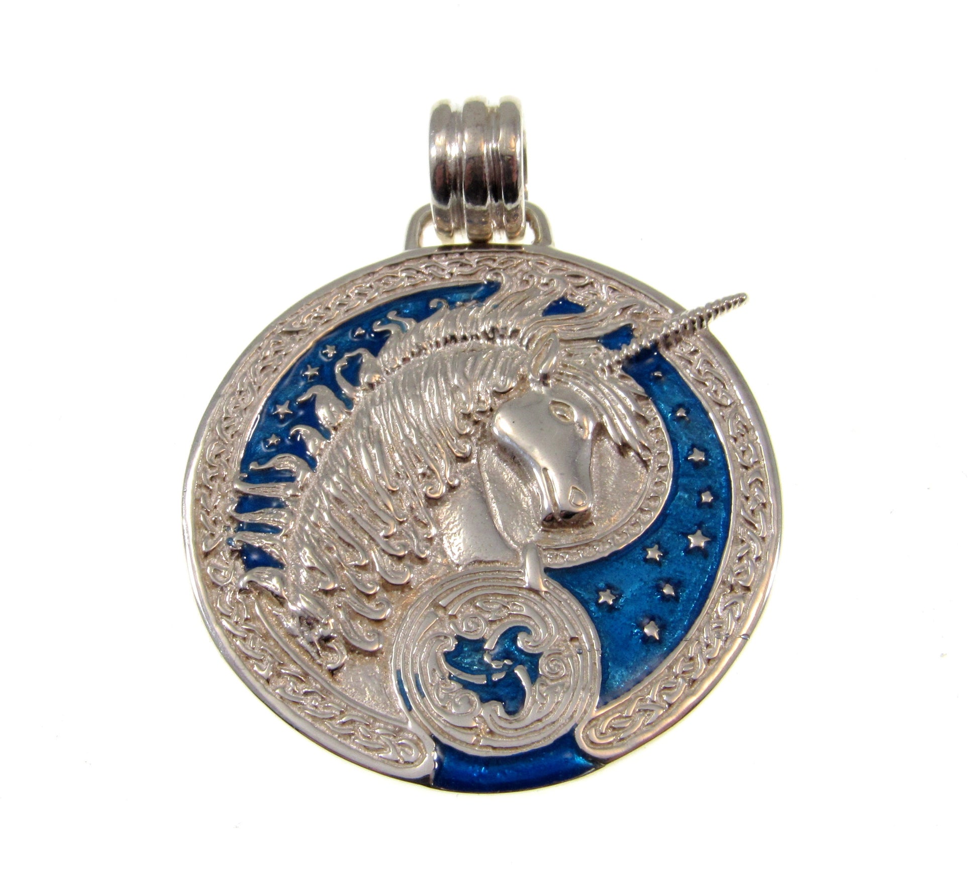 Solid 925 Sterling Silver Celtic Unicorn Pendant, Triskele Triskelion Amulet, Blue Enamel Accents, Fairytale Fantasy Jewelry