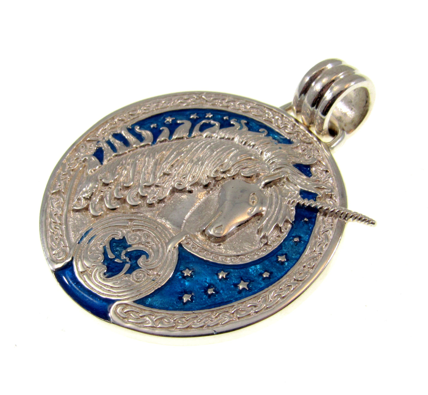 Solid 925 Sterling Silver Celtic Unicorn Pendant, Triskele Triskelion Amulet, Blue Enamel Accents, Fairytale Fantasy Jewelry