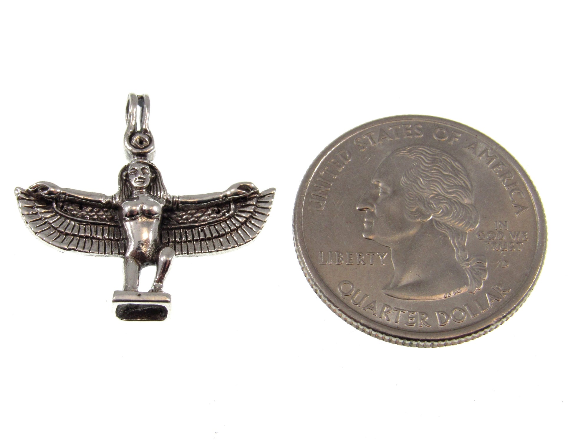 Solid 925 Sterling Silver Egyptian Bird Goddess Pendant, ISIS With Spread Wings Charm