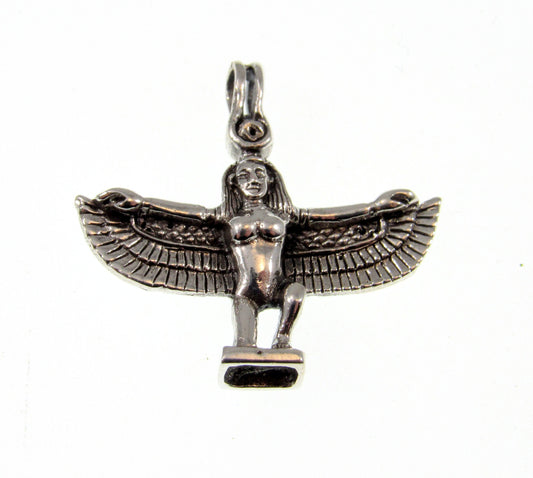 Solid 925 Sterling Silver Egyptian Bird Goddess Pendant, ISIS With Spread Wings Charm