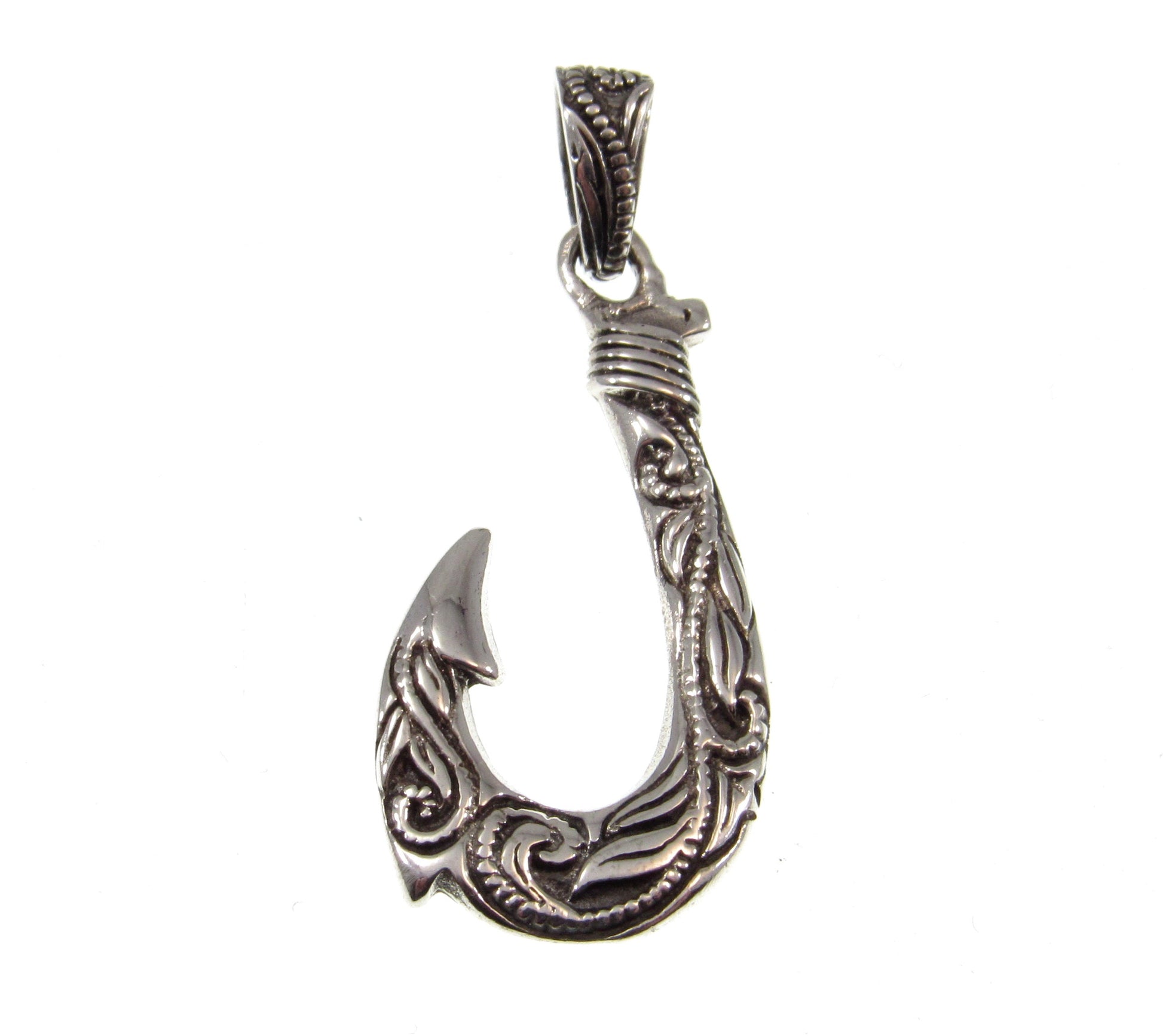 Solid Sterling Silver Hawaiian Fish Hook Pendant - Engraved Polynesian Necklace Pendant, Men's Silver Hook Charm, Nautical Jewelry Gift