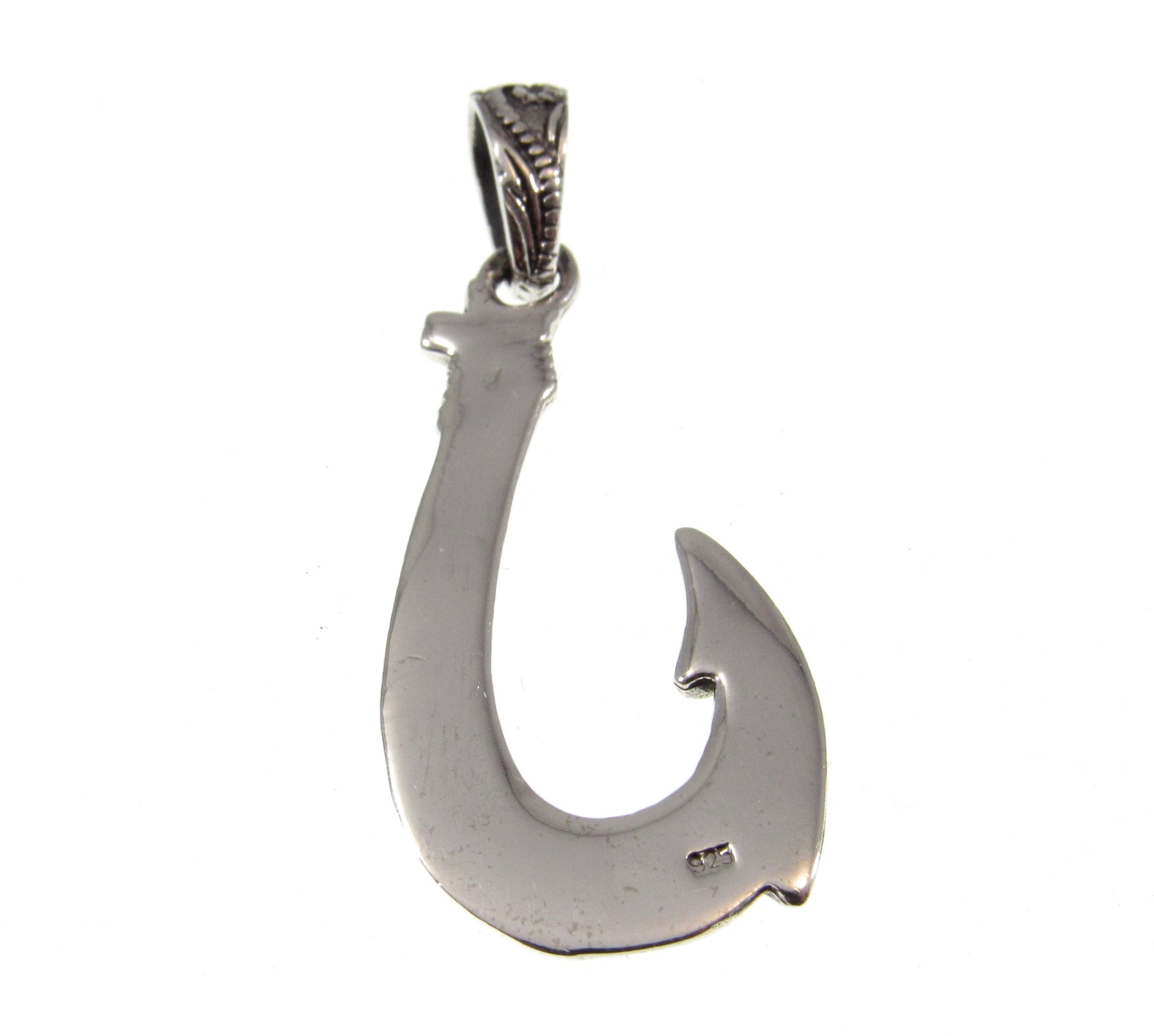 Solid Sterling Silver Hawaiian Fish Hook Pendant - Engraved Polynesian Necklace Pendant, Men's Silver Hook Charm, Nautical Jewelry Gift