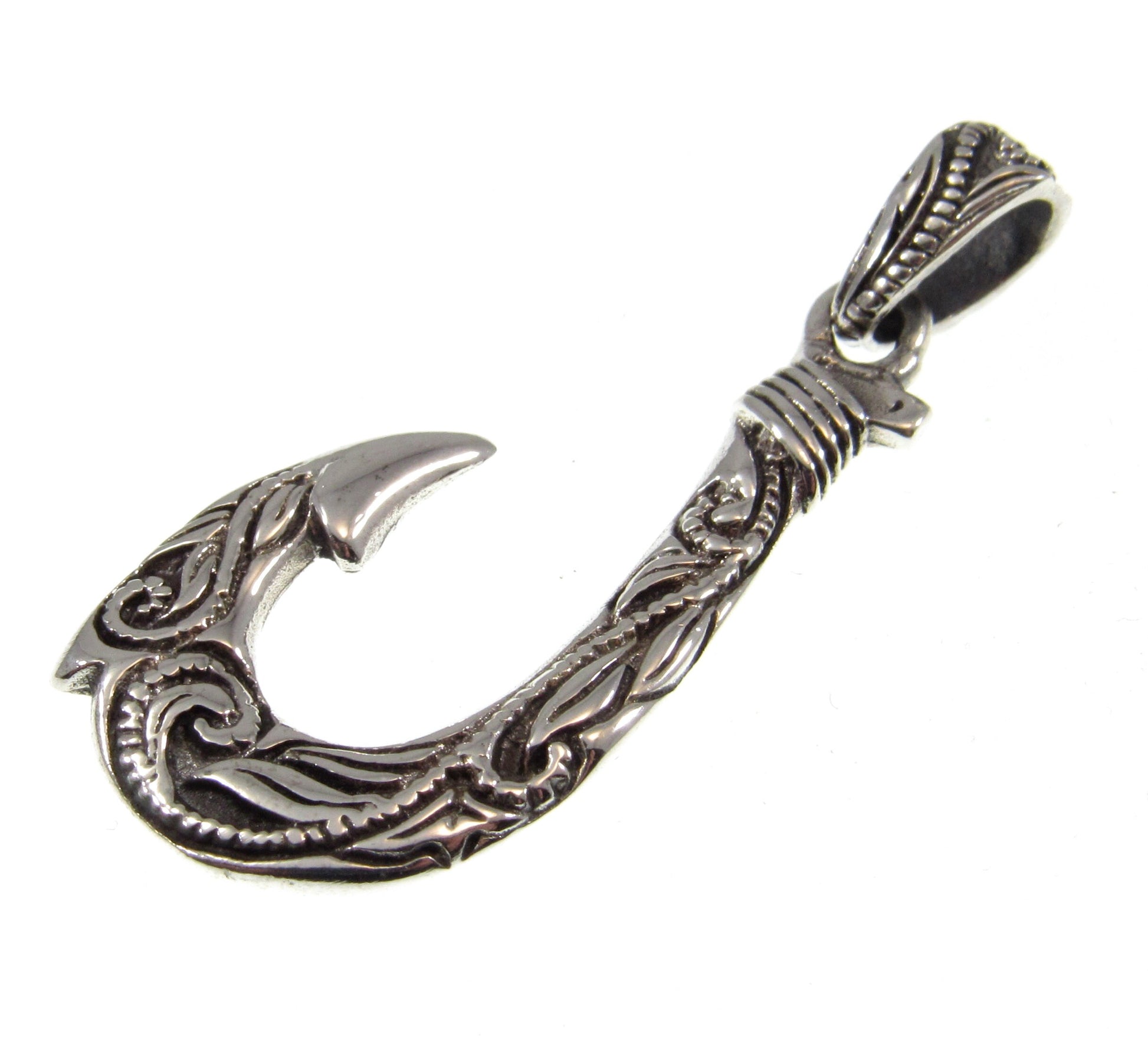 Solid Sterling Silver Hawaiian Fish Hook Pendant - Engraved Polynesian Necklace Pendant, Men's Silver Hook Charm, Nautical Jewelry Gift