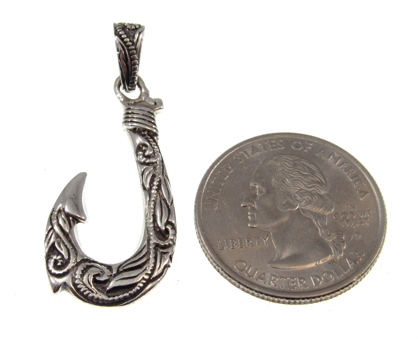 Solid Sterling Silver Hawaiian Fish Hook Pendant - Engraved Polynesian Necklace Pendant, Men's Silver Hook Charm, Nautical Jewelry Gift