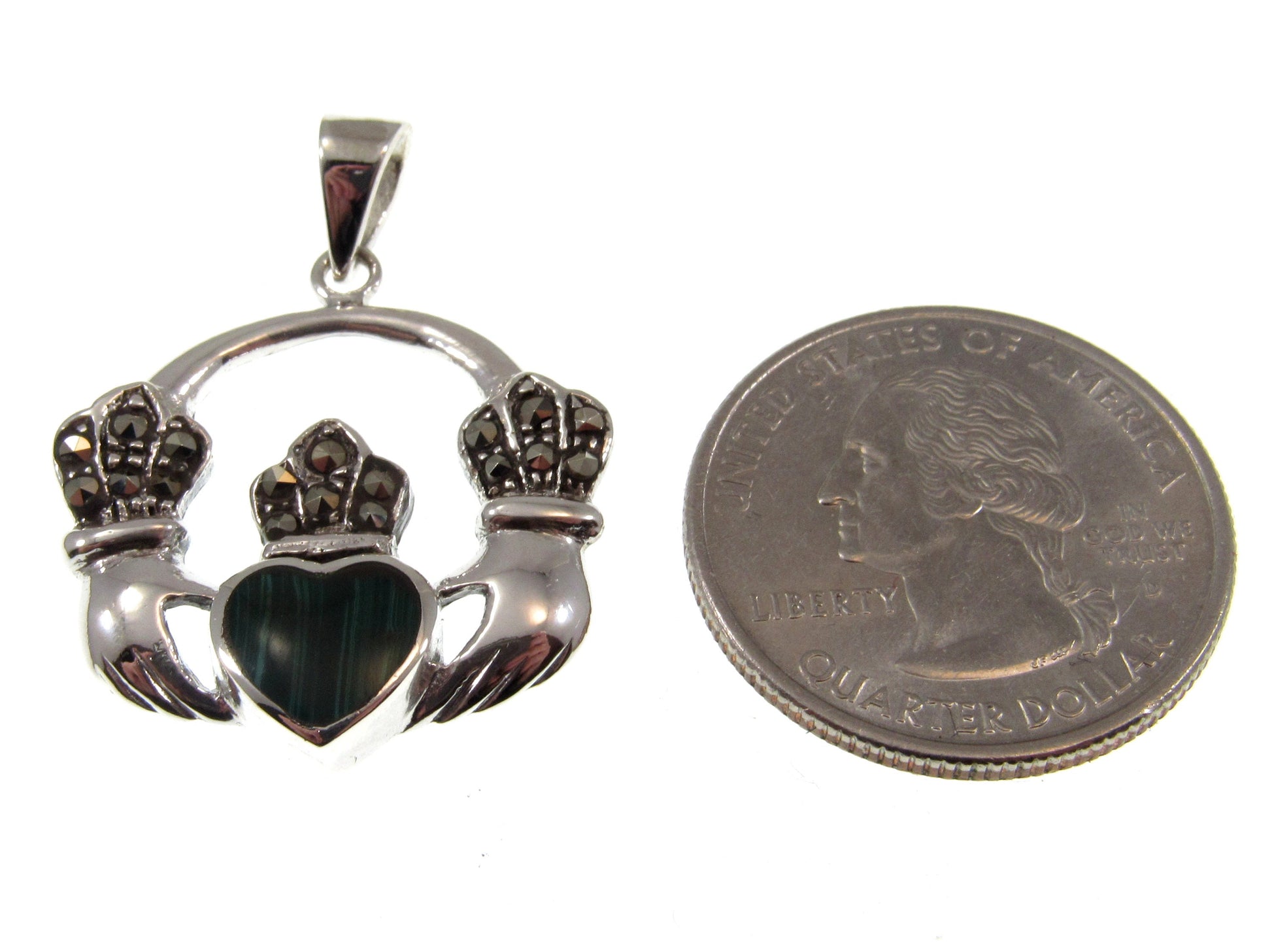 Solid 925 Sterling Silver Celtic Irish CLADDAGH Pendant With Marcasite and Malachite Gemstones