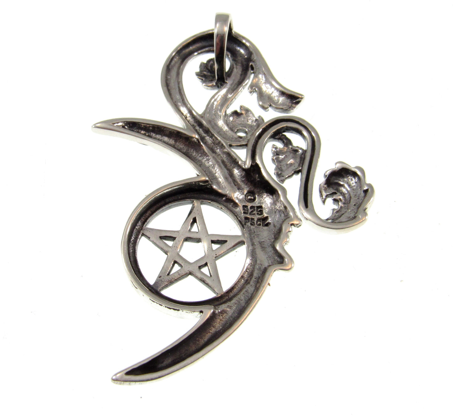 Solid 925 Sterling Silver Green Man Celtic Moon Pentacle Pendant, Symbol of Rebirth Pagan Amulet