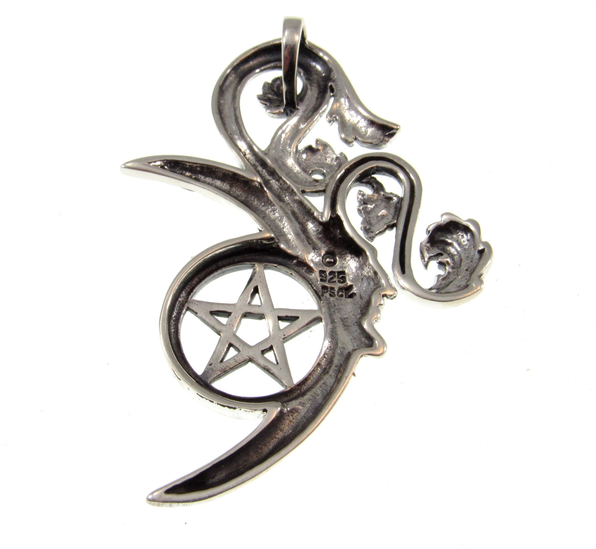 Solid 925 Sterling Silver Green Man Celtic Moon Pentacle Pendant, Symbol of Rebirth Pagan Amulet