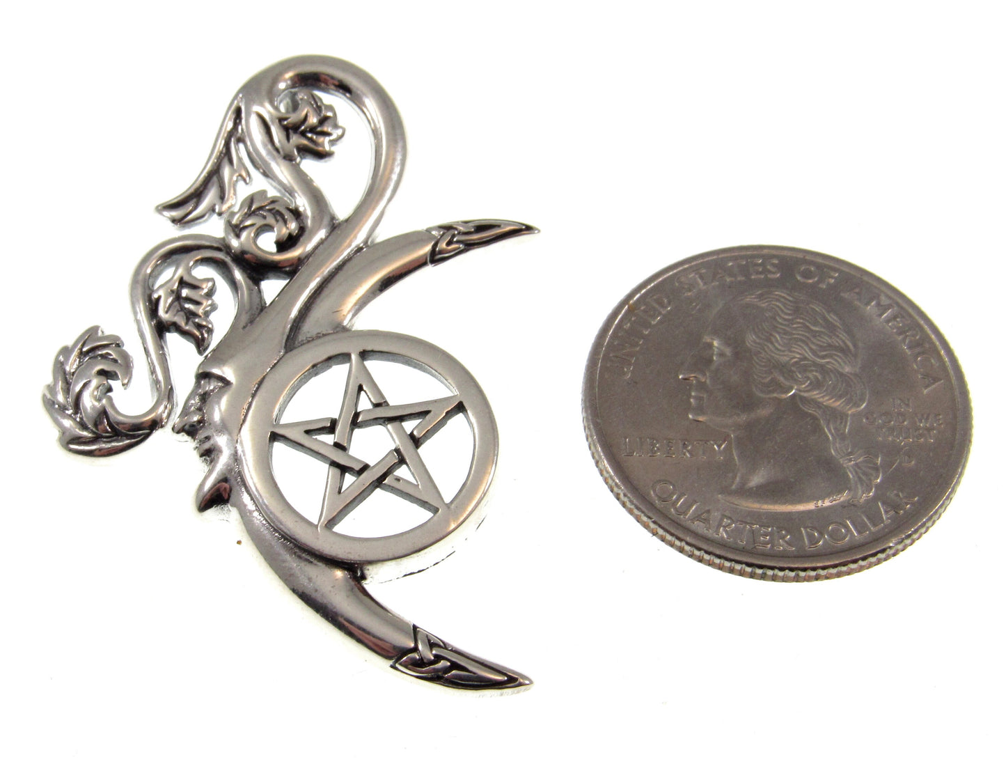 Solid 925 Sterling Silver Green Man Celtic Moon Pentacle Pendant, Symbol of Rebirth Pagan Amulet