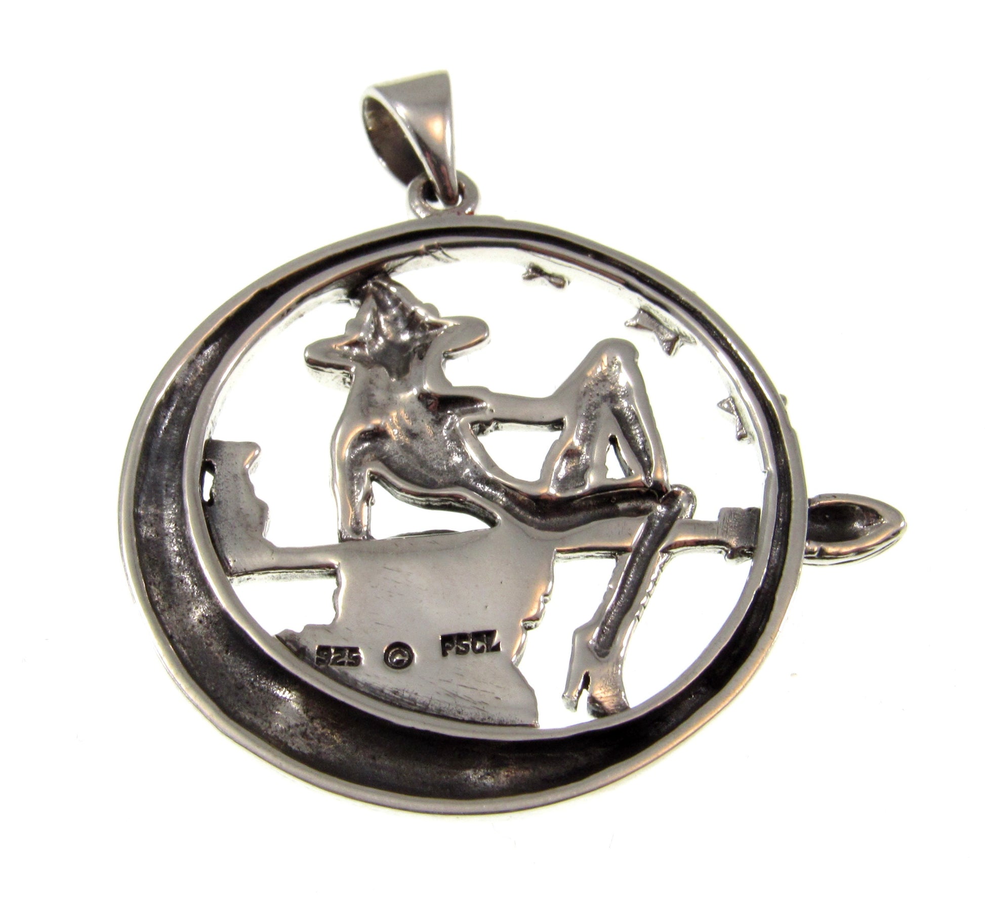 Solid 925 Sterling Silver Salem Witch Love me Love my Broom Pendant with Black Cat, Magic Witchcraft Amulet