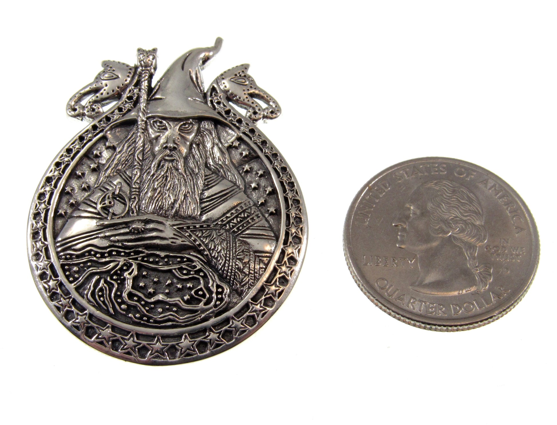 Solid 925 Sterling Silver Magical World of Wizardry Pendant, Warlock Amulet, Immortal Sorcerer, Powerful Necromancer, Intelligent Mage