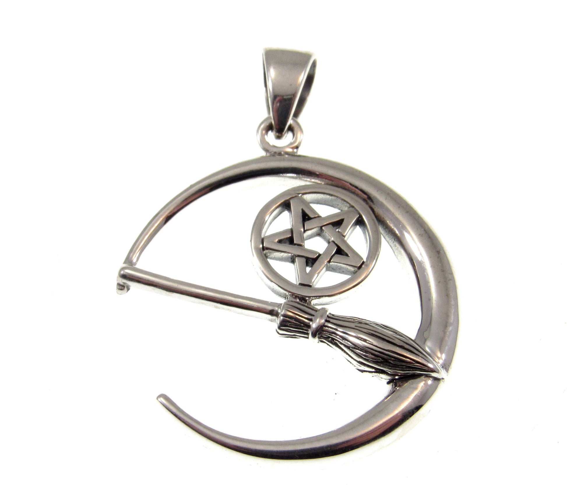 Solid 925 Sterling Silver Crescent Moon Pentacle & Witch's Broom Pendant, Pagan Wiccan Magic Amulet