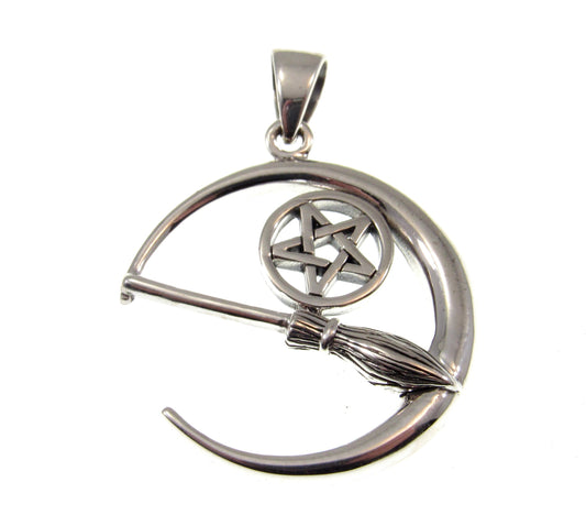 Solid 925 Sterling Silver Crescent Moon Pentacle & Witch's Broom Pendant, Pagan Wiccan Magic Amulet