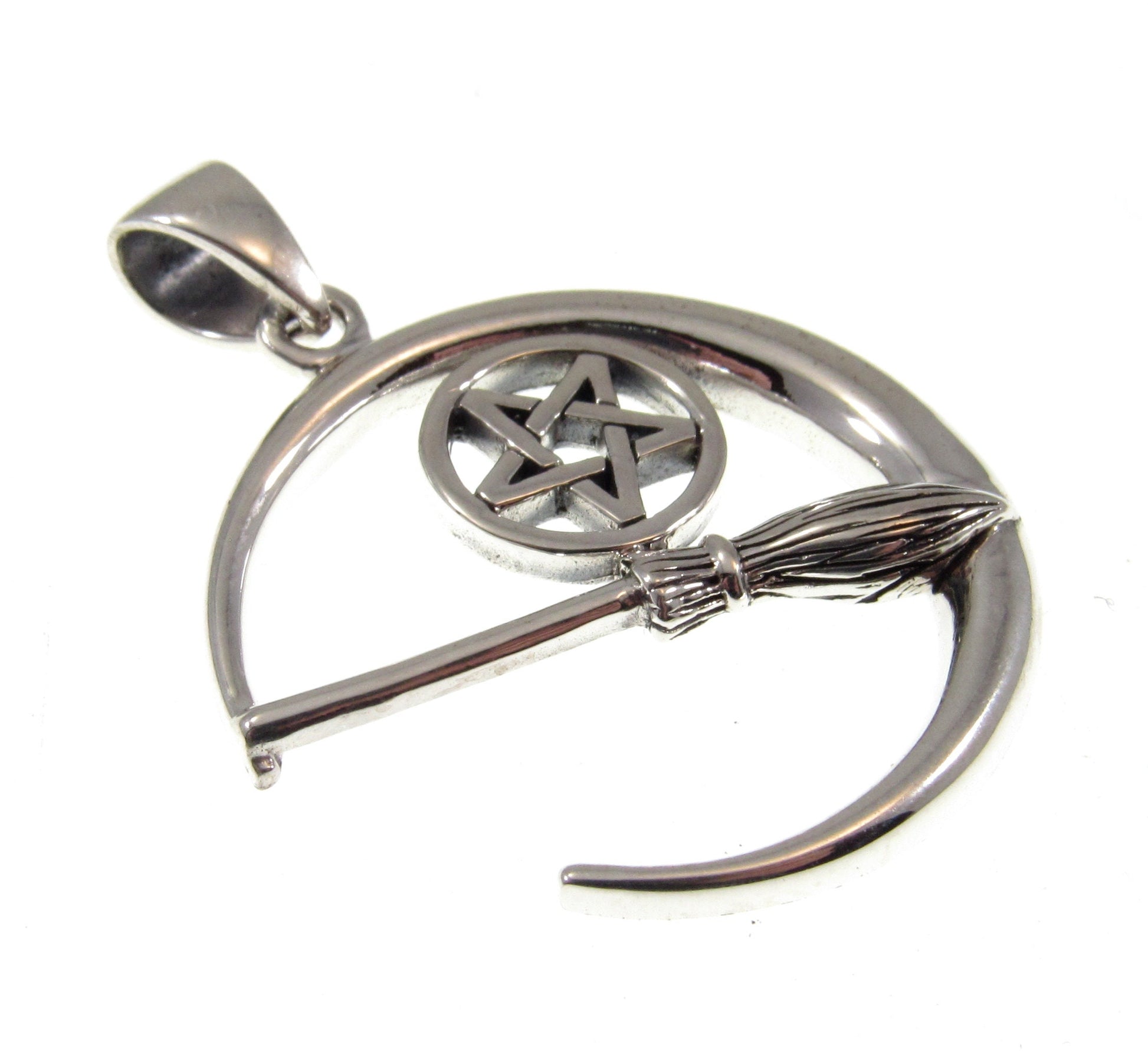 Solid 925 Sterling Silver Crescent Moon Pentacle & Witch's Broom Pendant, Pagan Wiccan Magic Amulet