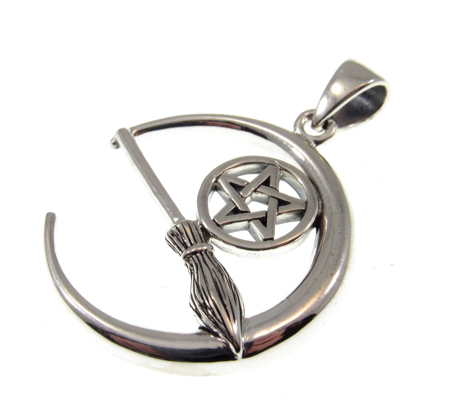 Solid 925 Sterling Silver Crescent Moon Pentacle & Witch's Broom Pendant, Pagan Wiccan Magic Amulet