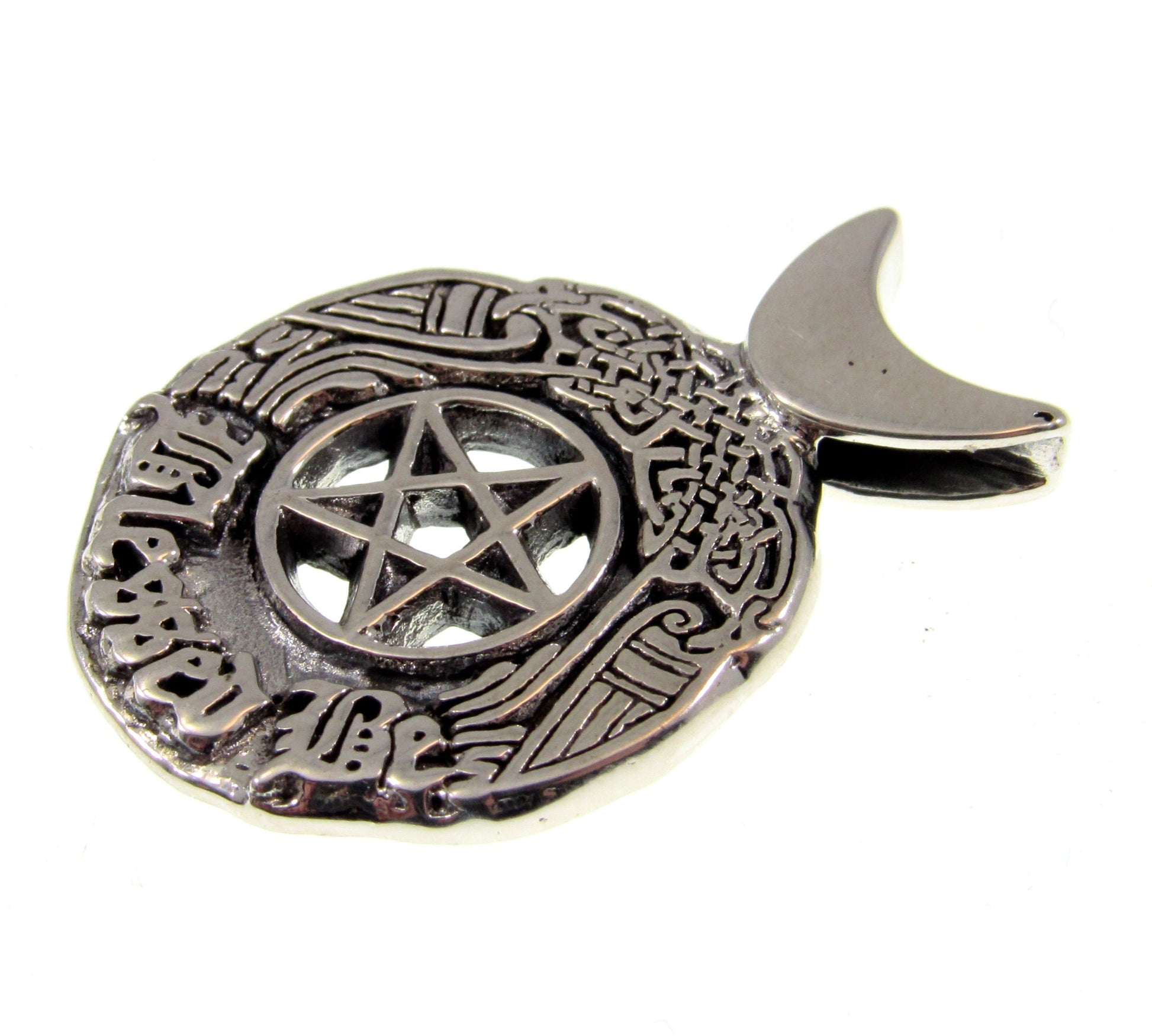 Solid 925 Sterling Silver Blessed Be the Star Crescent Moon Pentacle Pendant, Celtic Birds & Knotwork, Witch's Magic Amulet