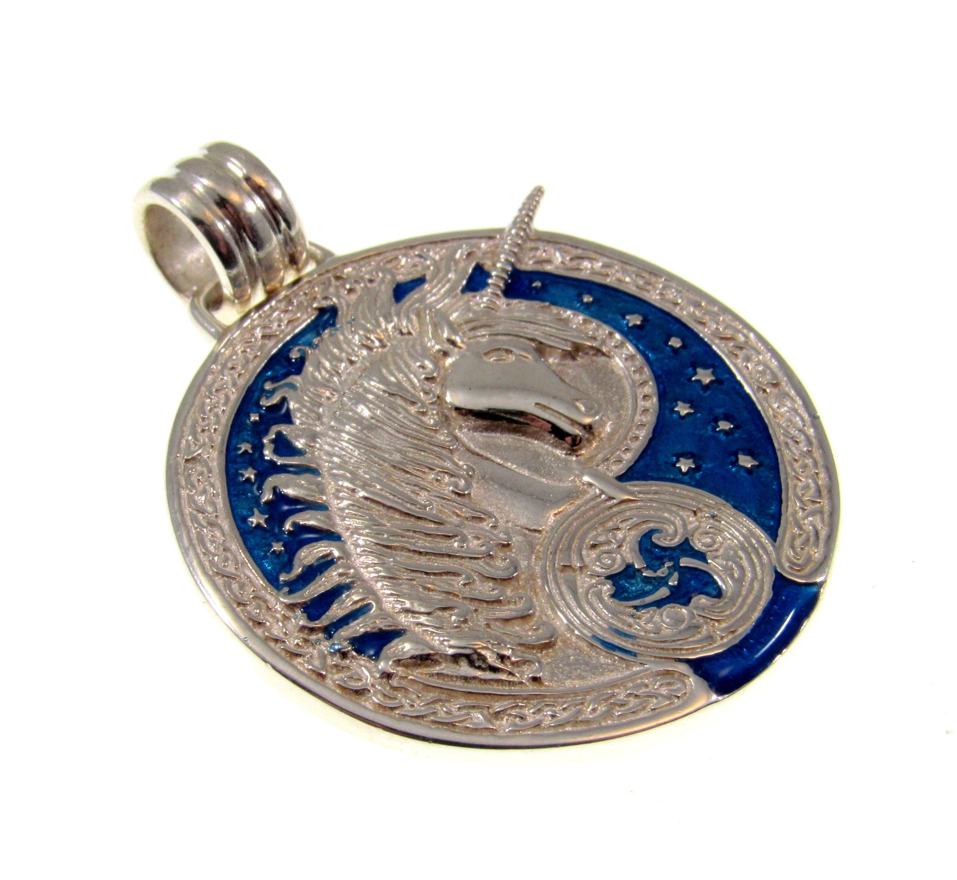 Solid 925 Sterling Silver Celtic Unicorn Pendant, Triskele Triskelion Amulet, Blue Enamel Accents, Fairytale Fantasy Jewelry