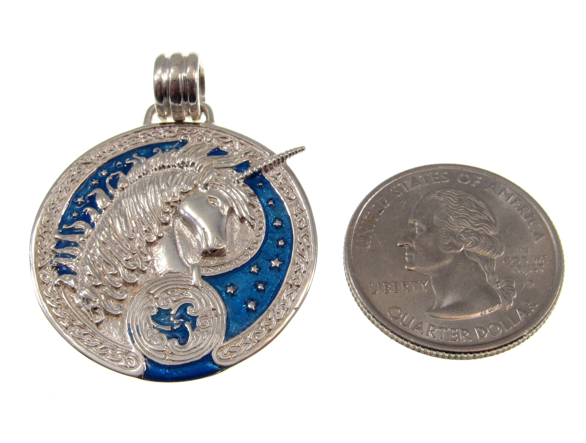 Solid 925 Sterling Silver Celtic Unicorn Pendant, Triskele Triskelion Amulet, Blue Enamel Accents, Fairytale Fantasy Jewelry