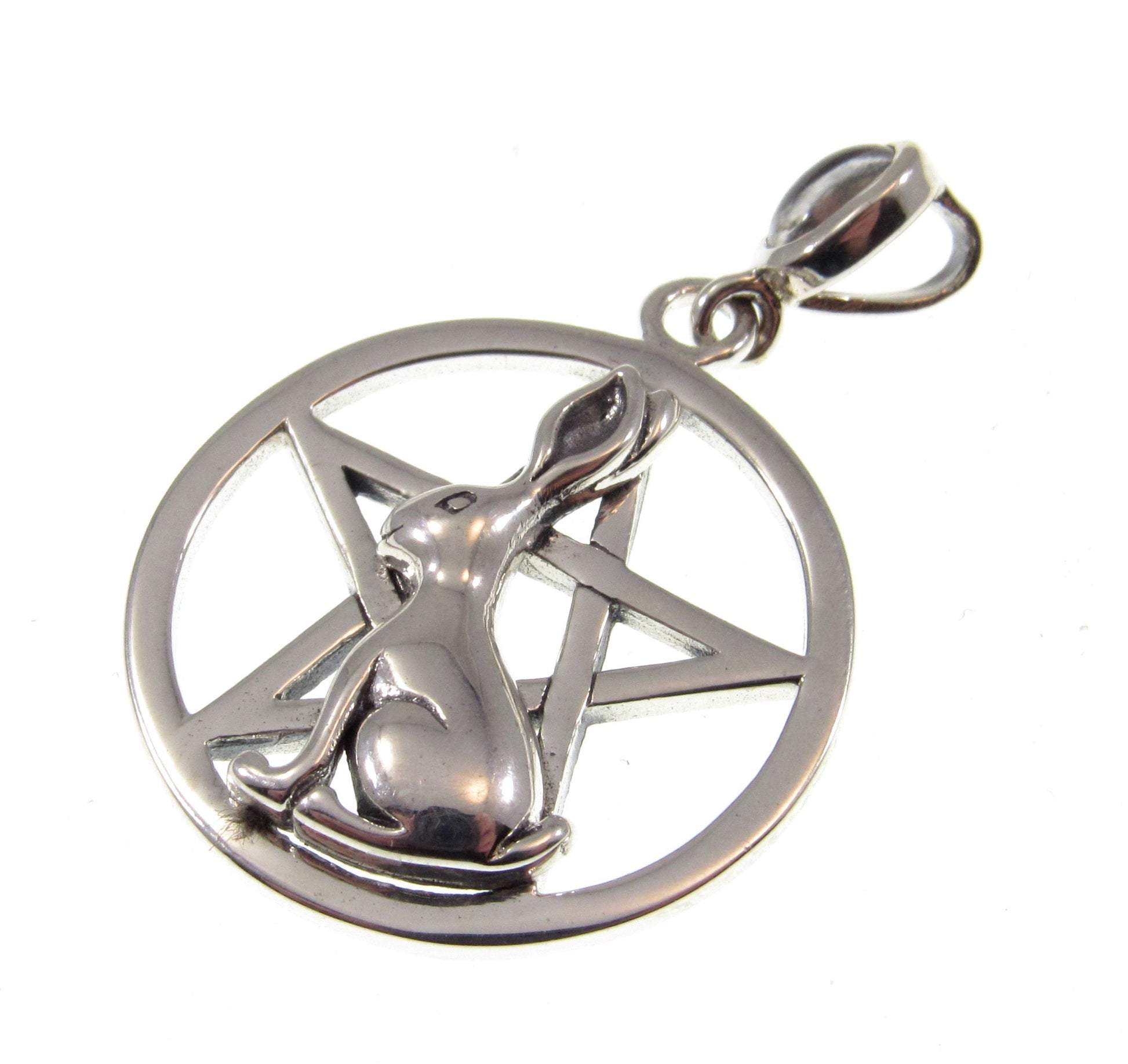 Solid 925 Sterling Silver Hare Pentacle Pendant, Pagan Wiccan Ostara Jewelry, Spring Equinox Rabbit Charm, Witchcraft Nature Amulet