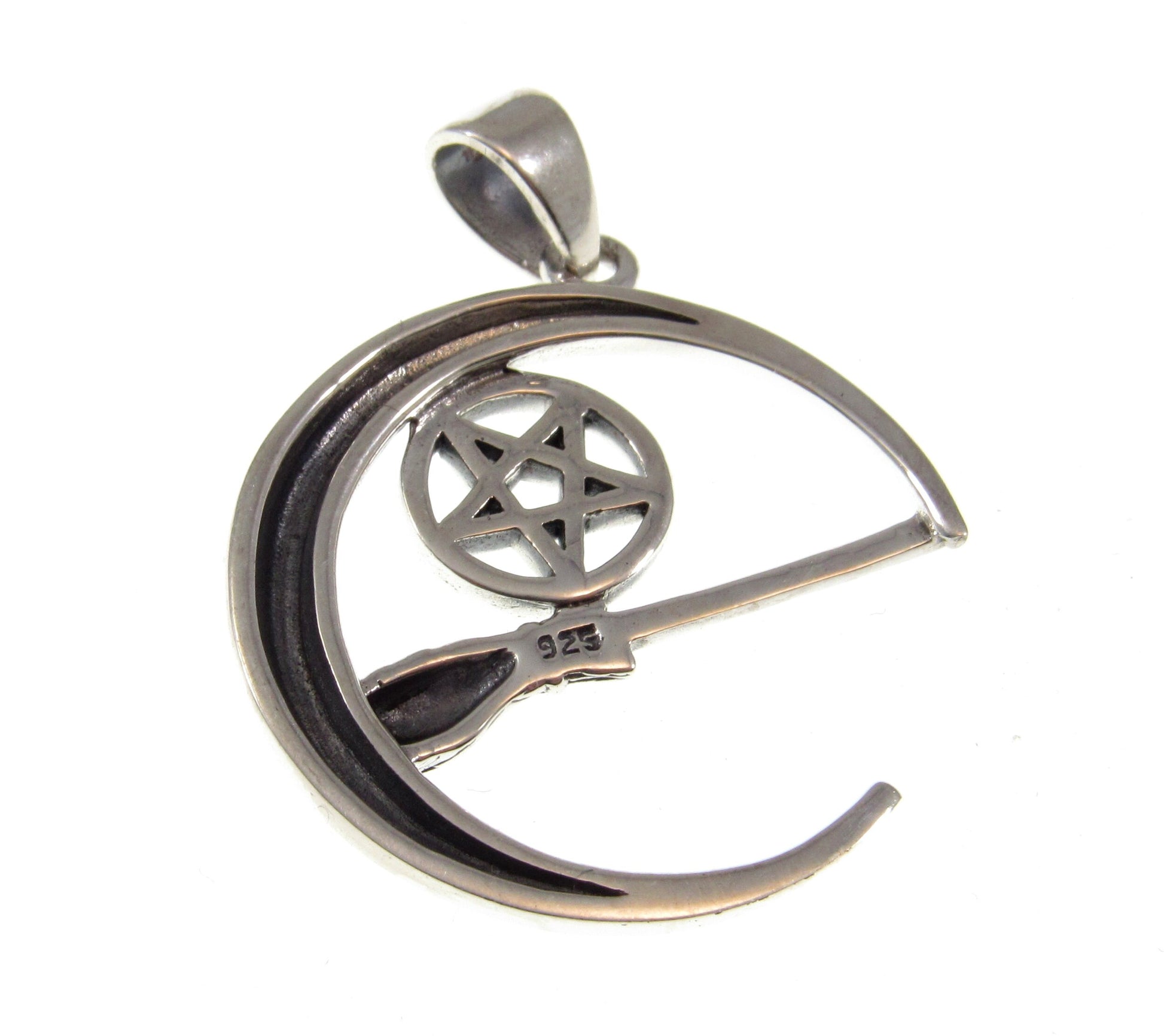 Solid 925 Sterling Silver Crescent Moon Pentacle & Witch's Broom Pendant, Pagan Wiccan Magic Amulet
