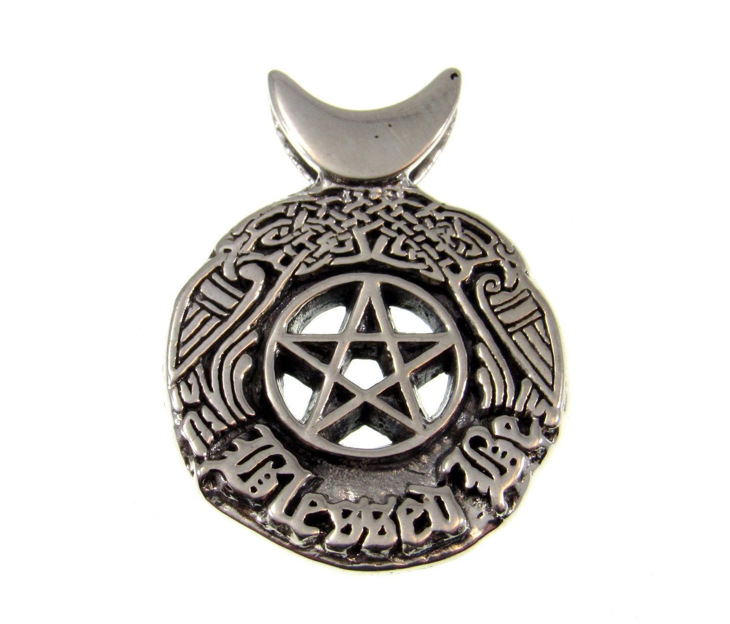 Solid 925 Sterling Silver Blessed Be the Star Crescent Moon Pentacle Pendant, Celtic Birds & Knotwork, Witch's Magic Amulet