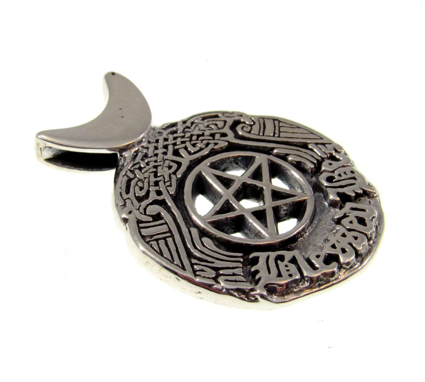 Solid 925 Sterling Silver Blessed Be the Star Crescent Moon Pentacle Pendant, Celtic Birds & Knotwork, Witch's Magic Amulet