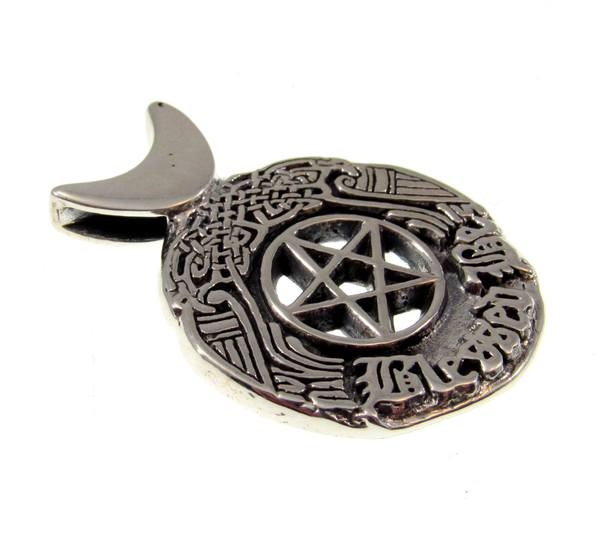 Solid 925 Sterling Silver Blessed Be the Star Crescent Moon Pentacle Pendant, Celtic Birds & Knotwork, Witch's Magic Amulet