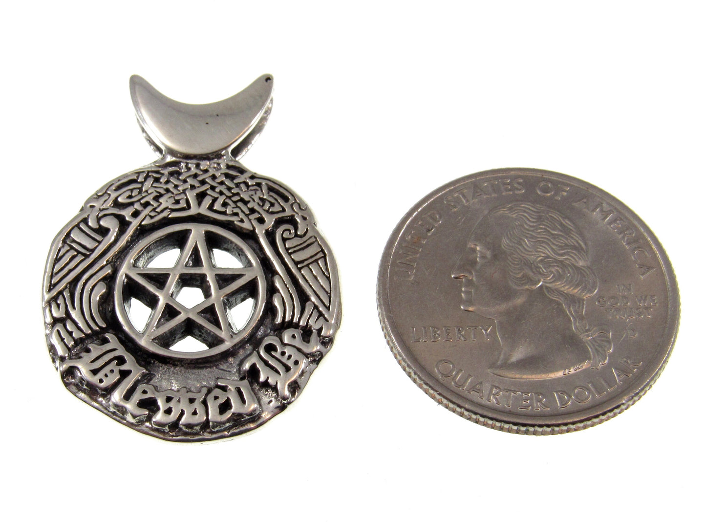Solid 925 Sterling Silver Blessed Be the Star Crescent Moon Pentacle Pendant, Celtic Birds & Knotwork, Witch's Magic Amulet