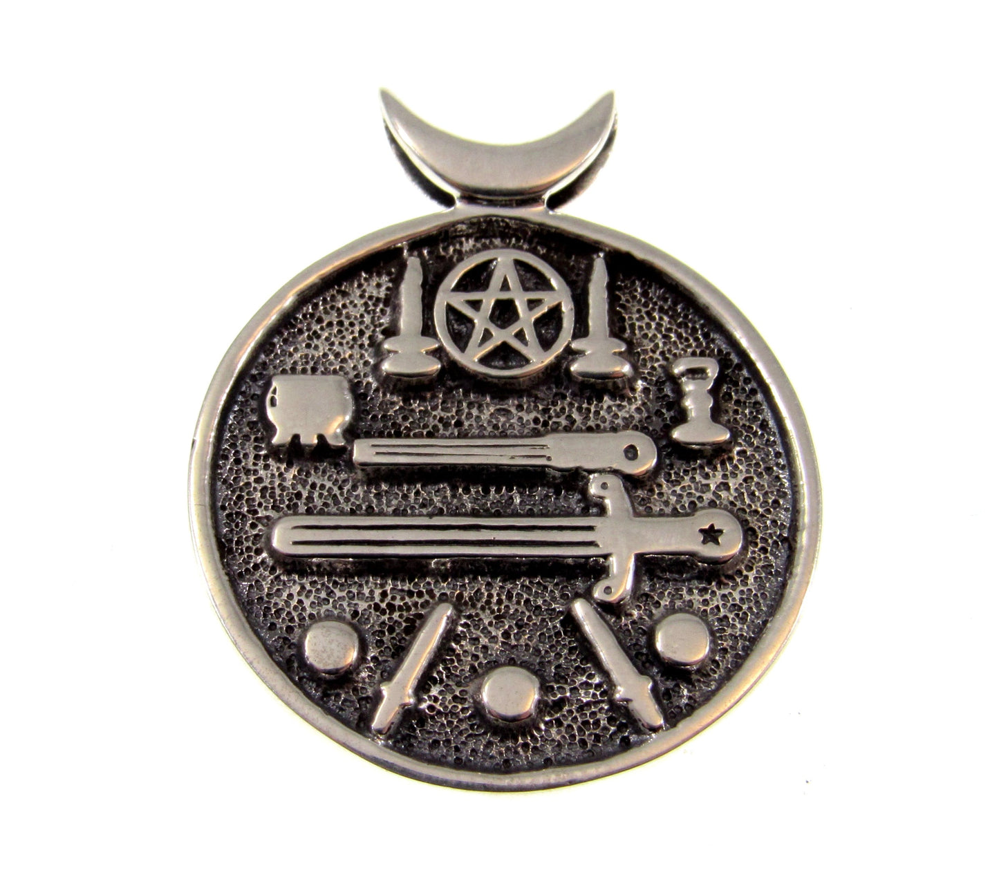 Solid 925 Sterling Silver Magic Witch's Cauldron Pendant With Iconic Wiccan Symbols, Crescent Moon Pentacle Amulet
