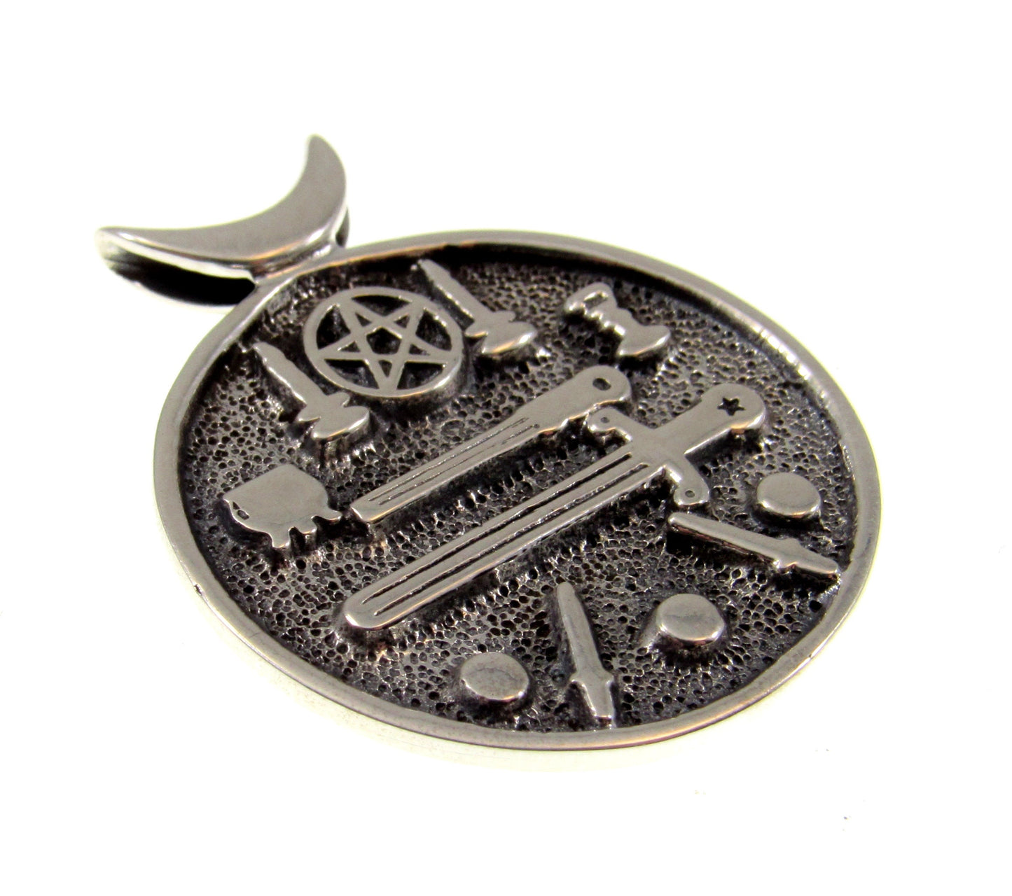 Solid 925 Sterling Silver Magic Witch's Cauldron Pendant With Iconic Wiccan Symbols, Crescent Moon Pentacle Amulet