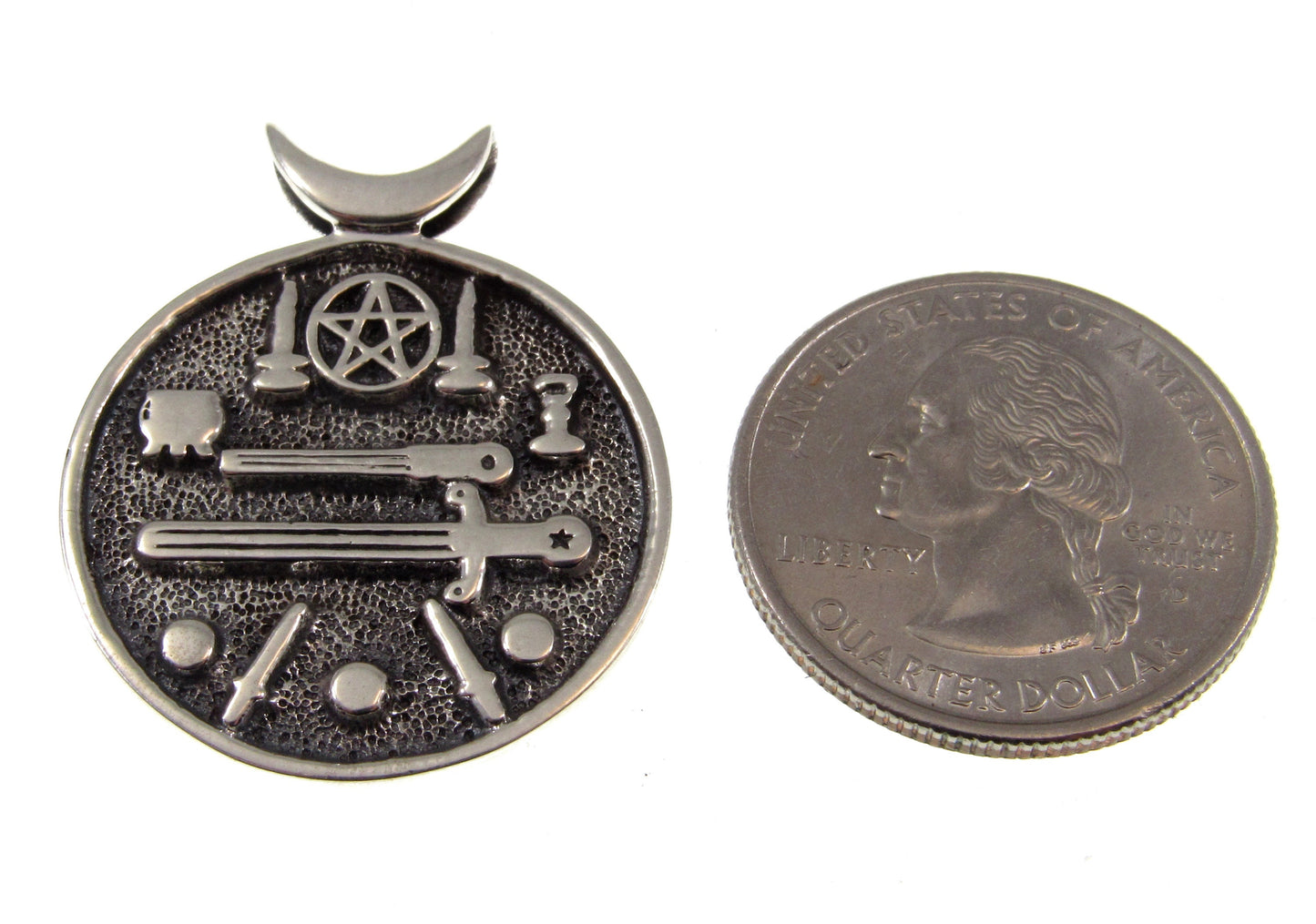 Solid 925 Sterling Silver Magic Witch's Cauldron Pendant With Iconic Wiccan Symbols, Crescent Moon Pentacle Amulet